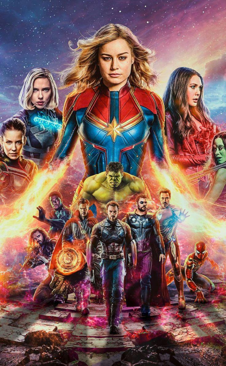 Avengers End Game team with captain marvel thor thanos