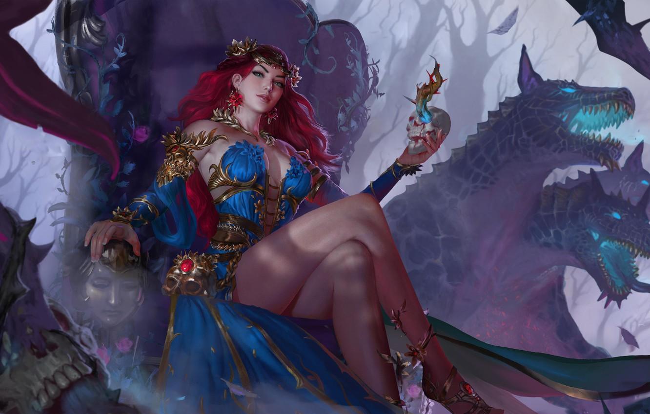 Wallpaper Girl, Dog, Skull, Girl, Goddess, Dog, Art, Art