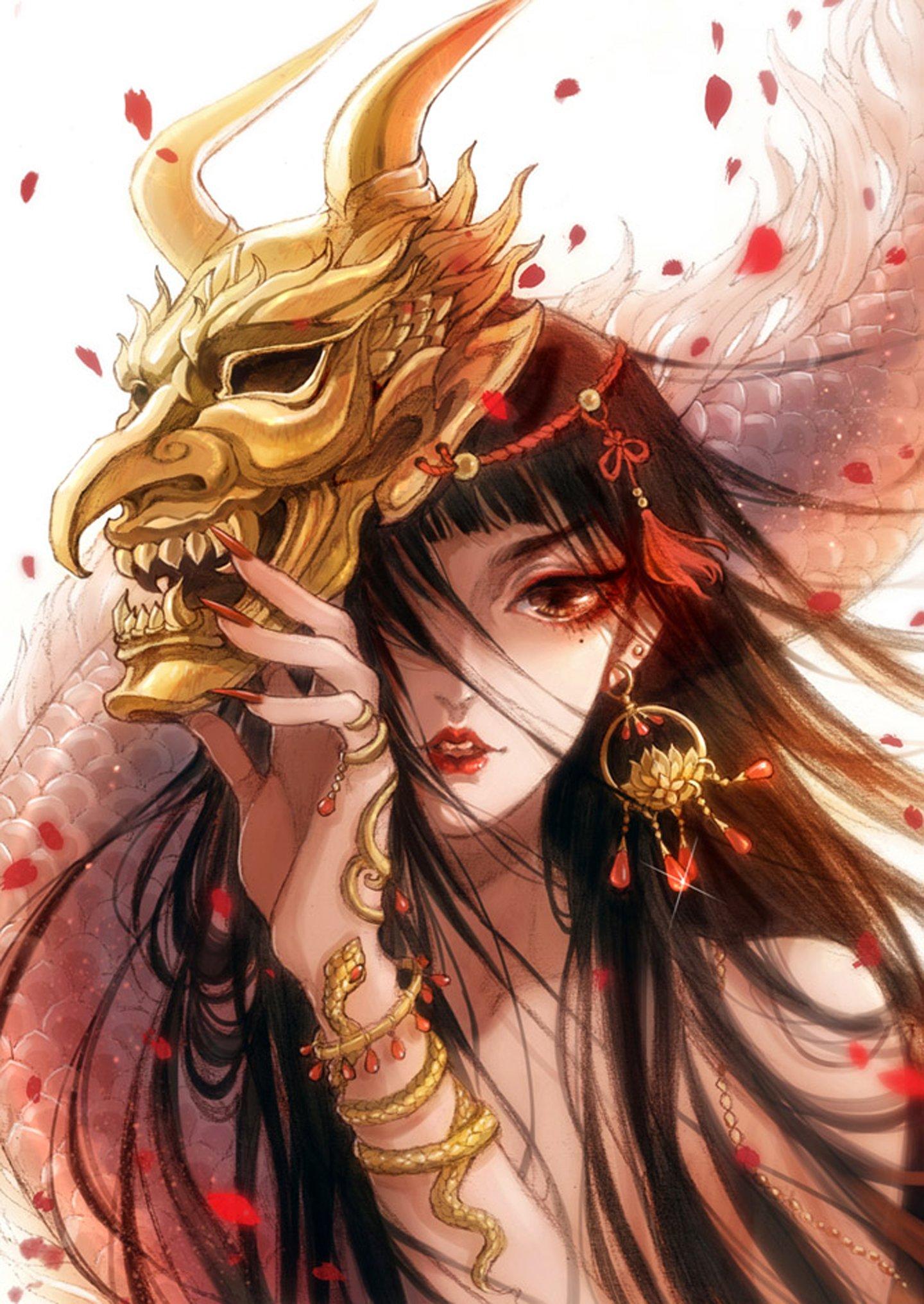 Anime fantasy girl mask demon petals long hair wallpaper