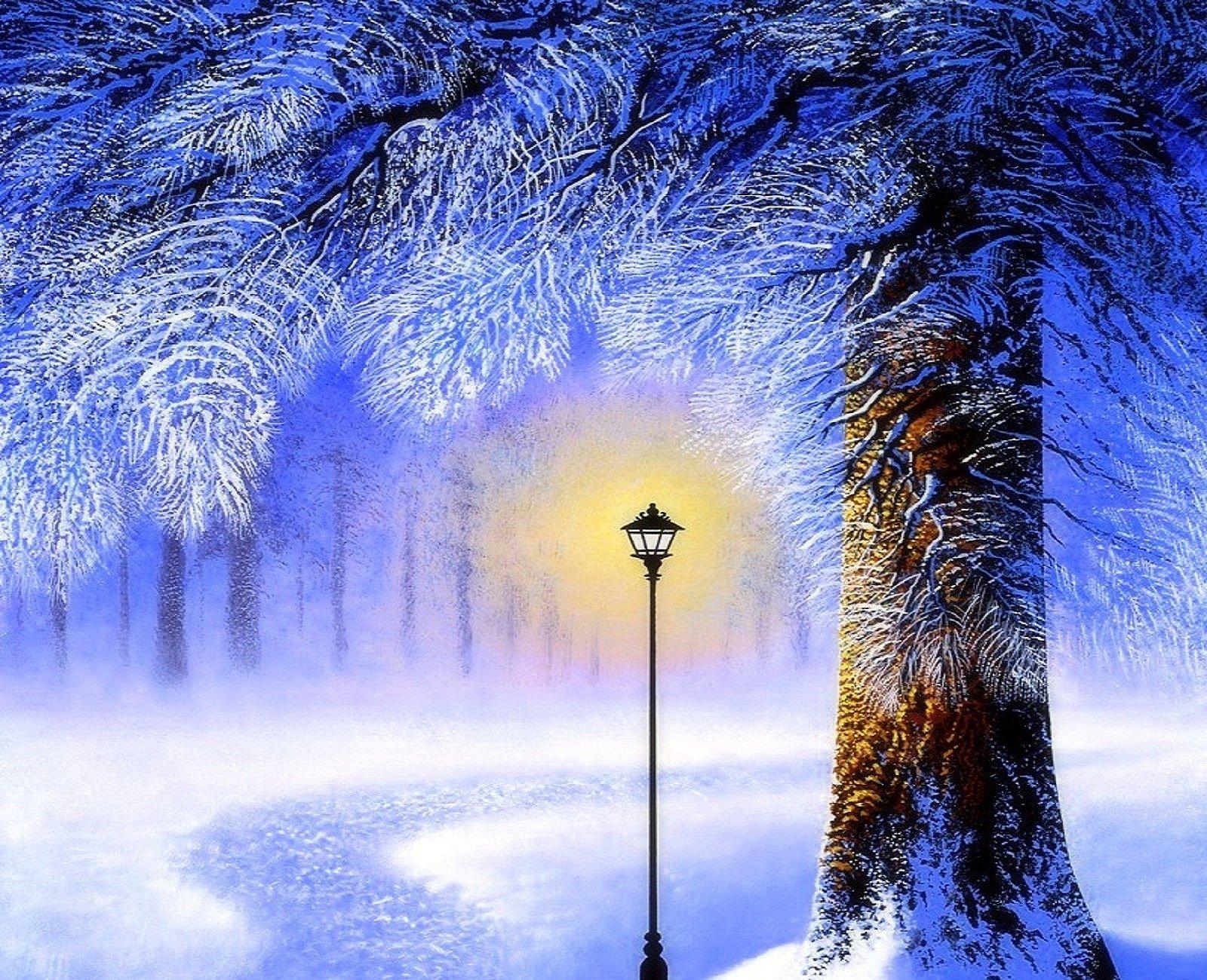 Winter snow landscape nature lamp light artwork wallpaper