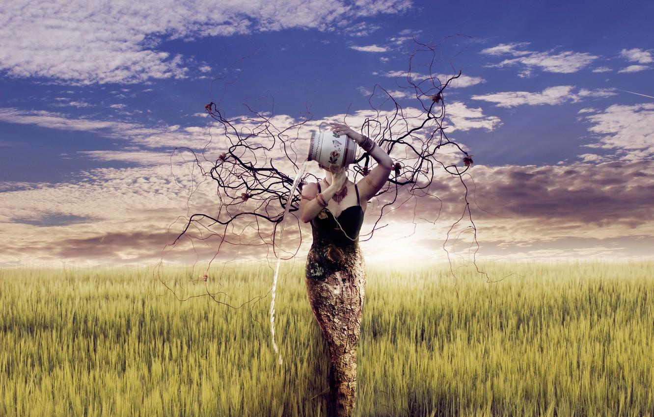 Wallpaper girl, branches, nature, art, pitcher, Mother Earth