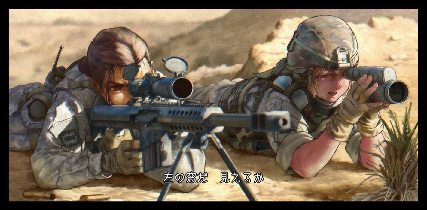 Blonde hair brown hair desert genso gloves gun hat military