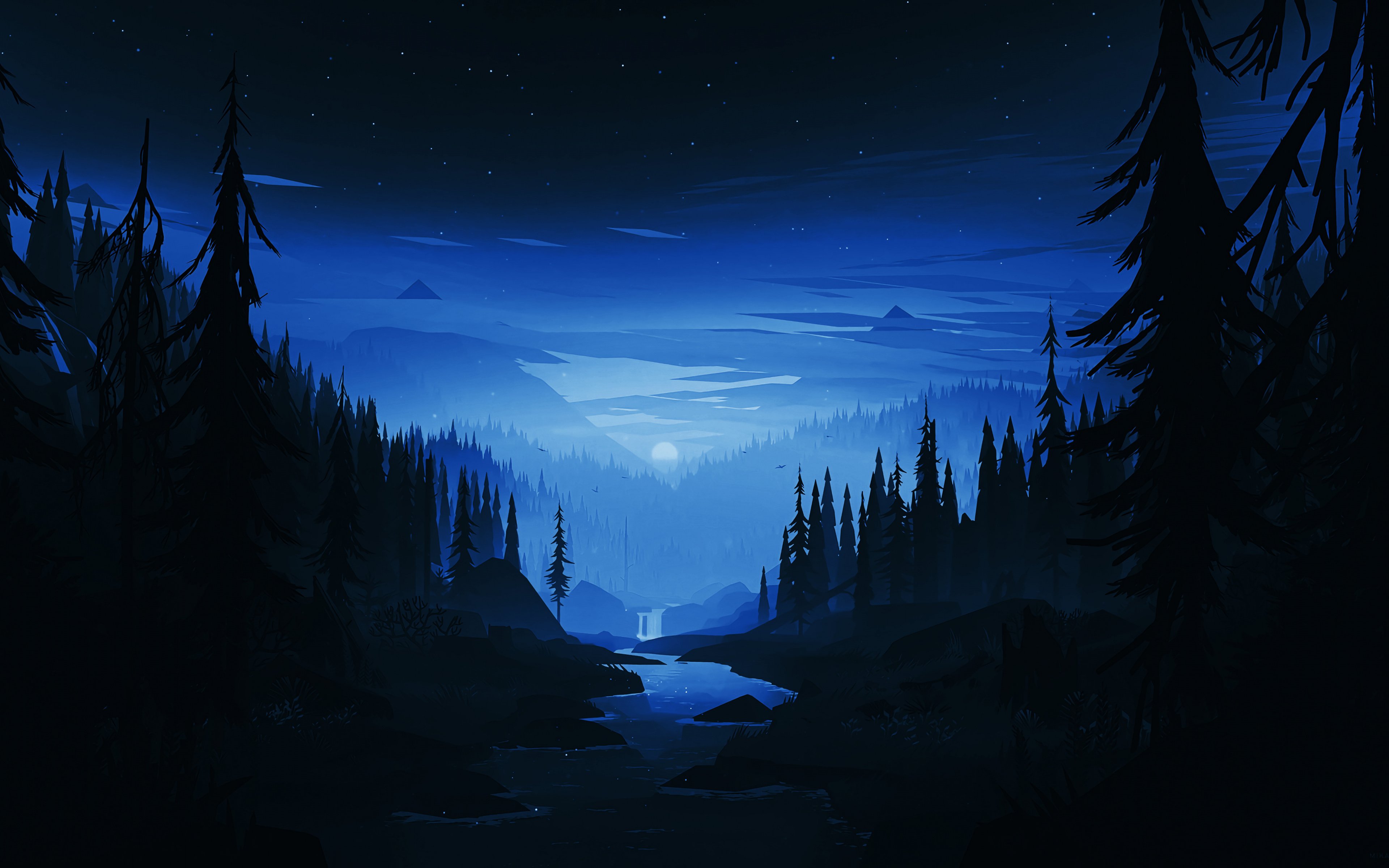 Download 3840x2400 wallpaper dark night, river, forest, minimal