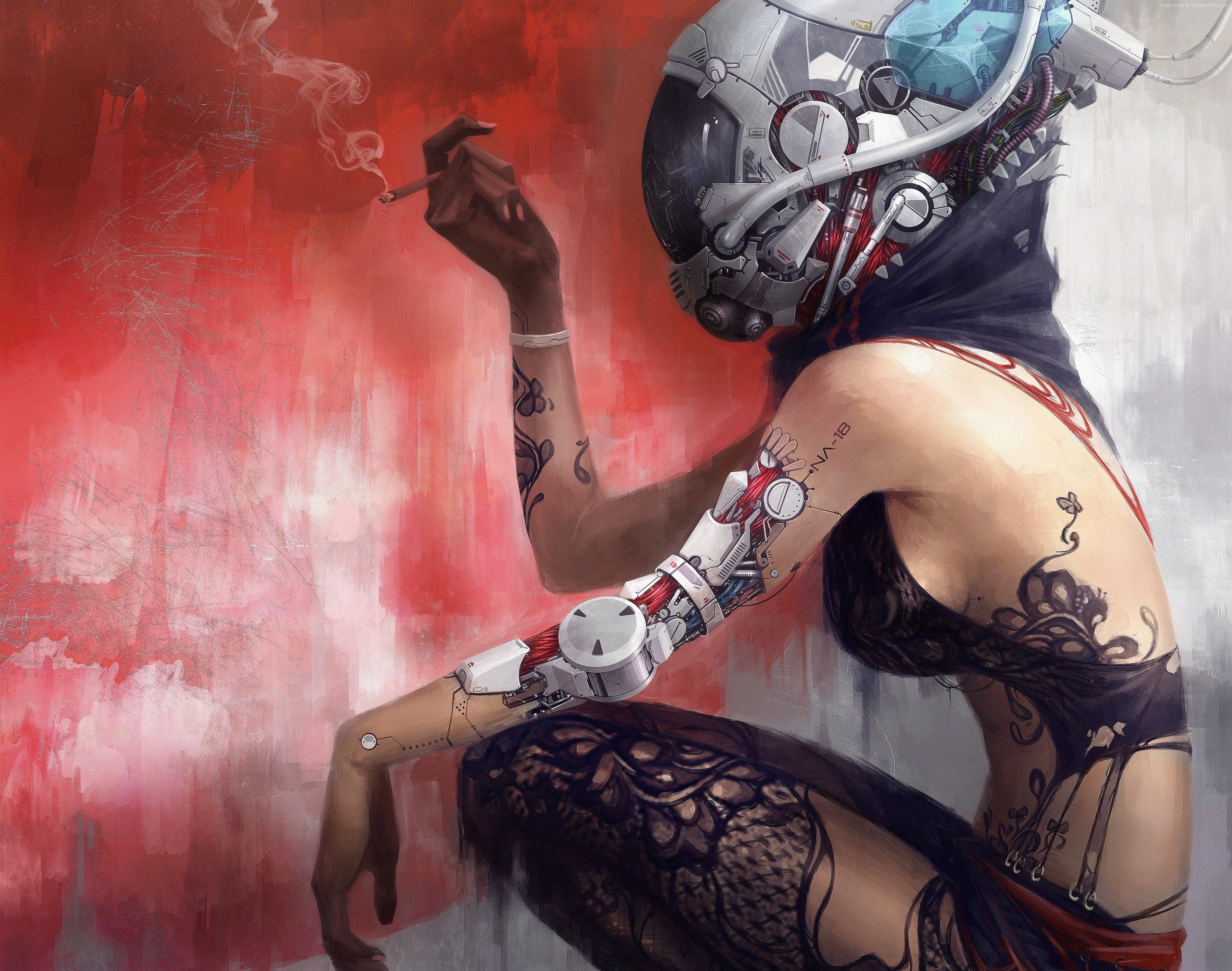 Cyborg woman with tattoos painting HD wallpaper. Wallpaper