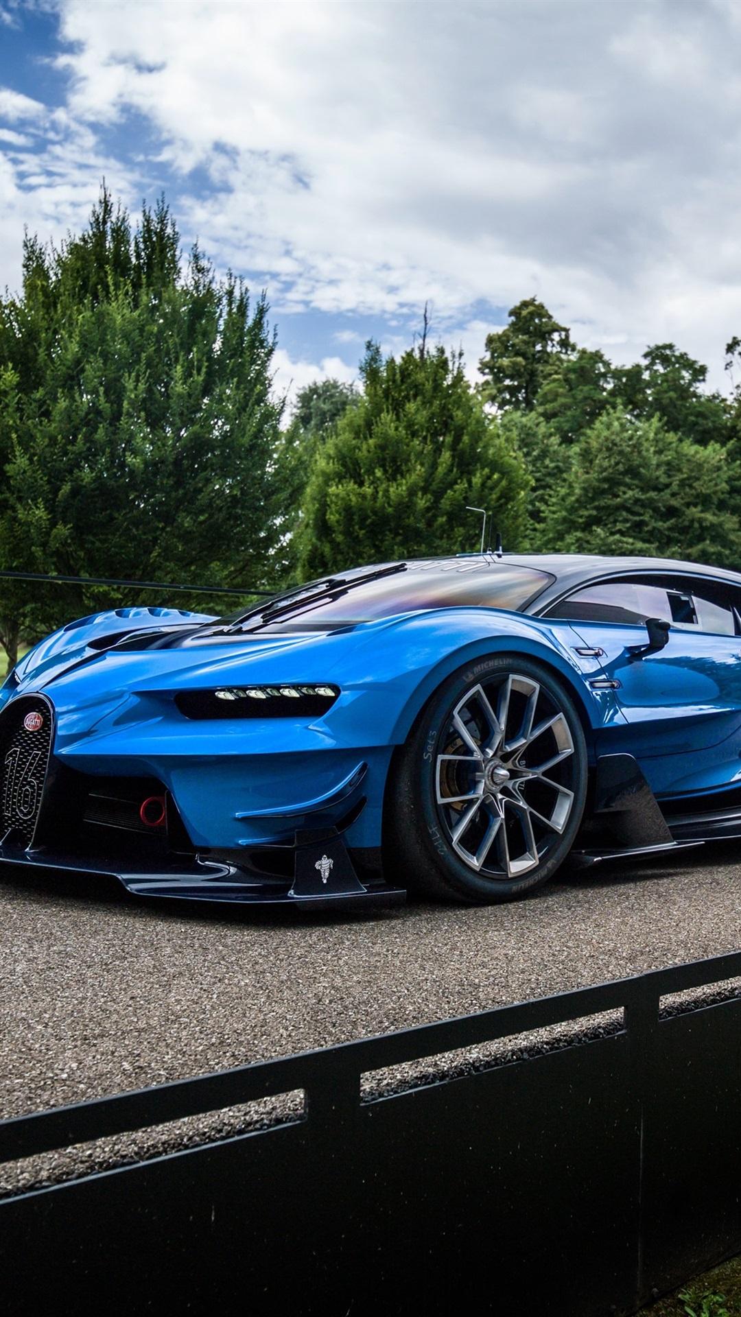 Bugatti Vision Gran Turismo blue hypercar, road, clouds