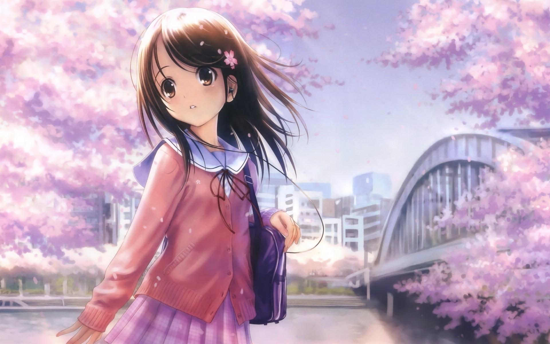 anime Girls, Shirt, City, Bridge, Original Characters, Cherry