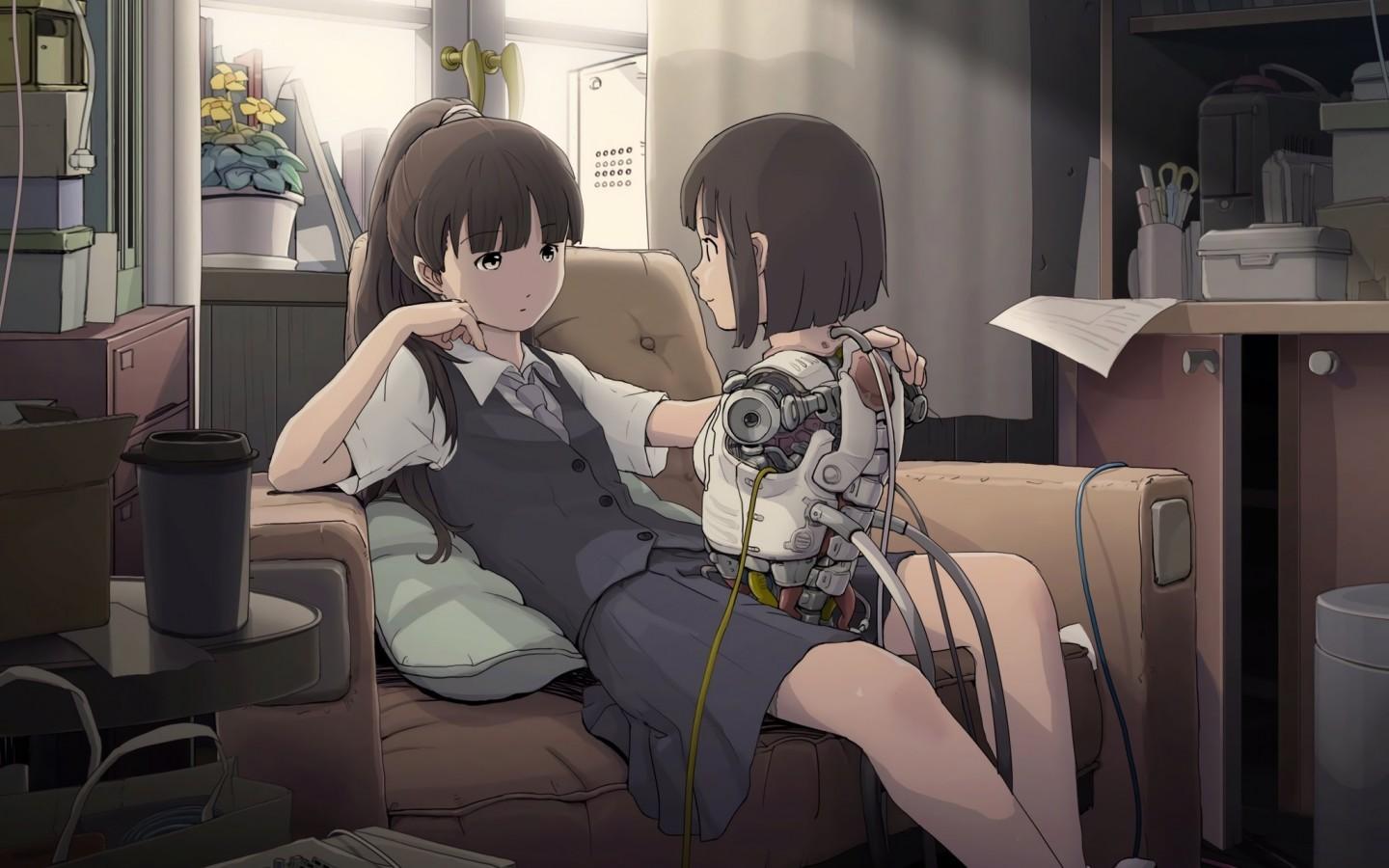 Download 1440x900 Anime Girl, Cyborg, Couch, Brown Hair, Sci