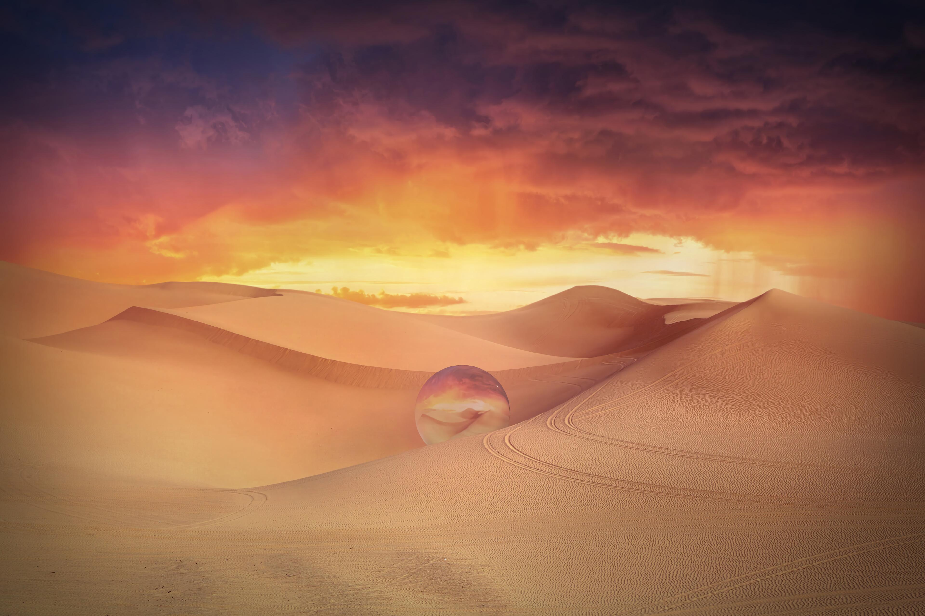 wallpaper desert, dunes, crystal ball, sand, clouds HD