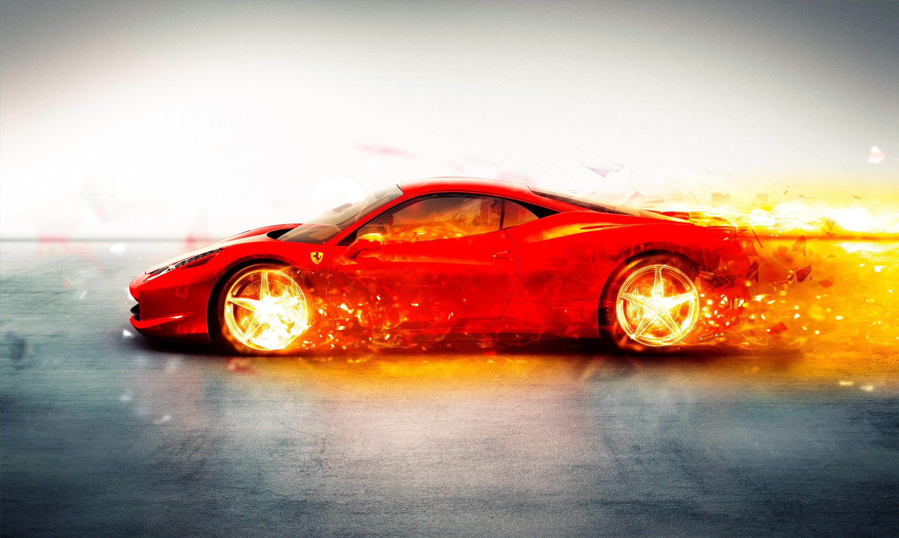 Red super car wallpaper, Ferrari, car, fire, digital art HD