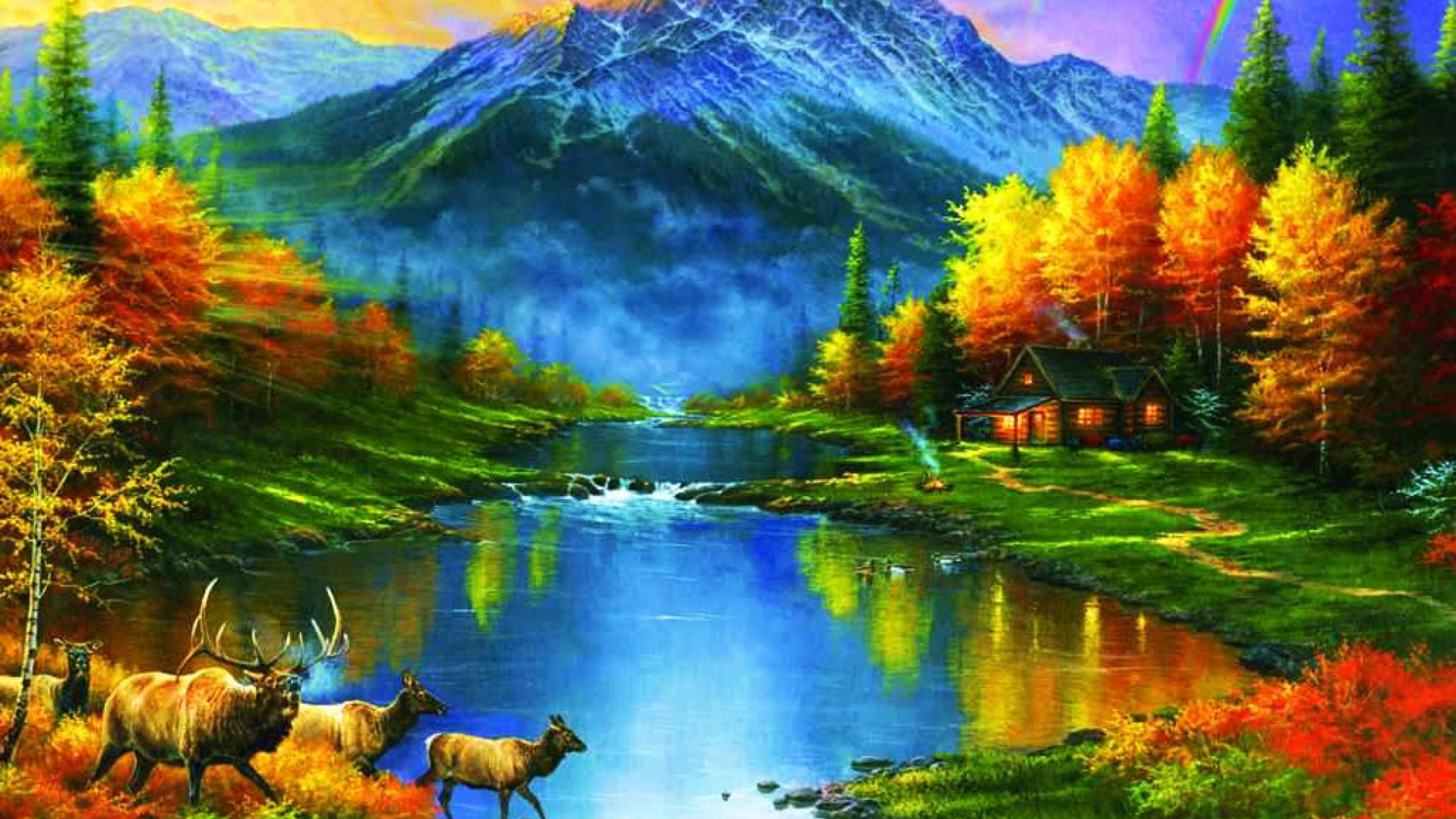 Mountains At Fall Trees Leaves Lakes Colors Ultra HD