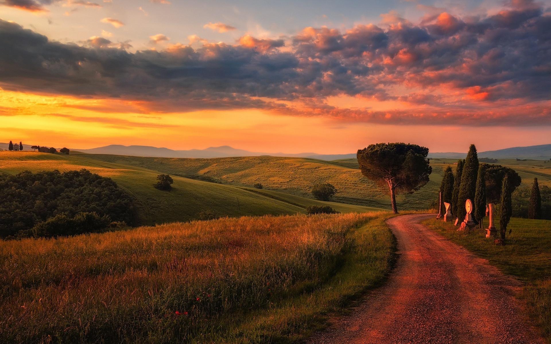 Download wallpapers Tuscany, sunset, road, Italy, Europe for.