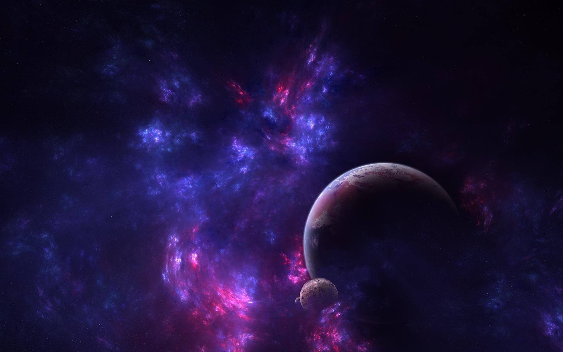 galaxy purple blue planet moon 3D space wallpaper