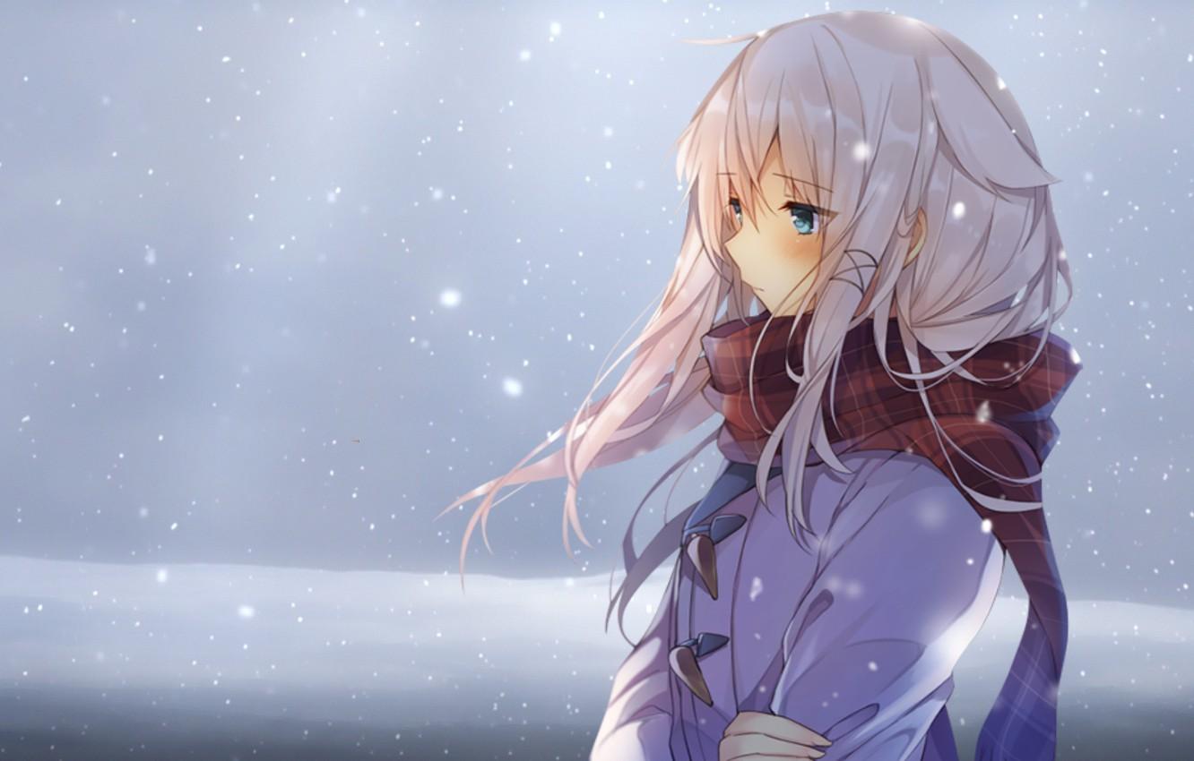 anime girl long blue hair snow
