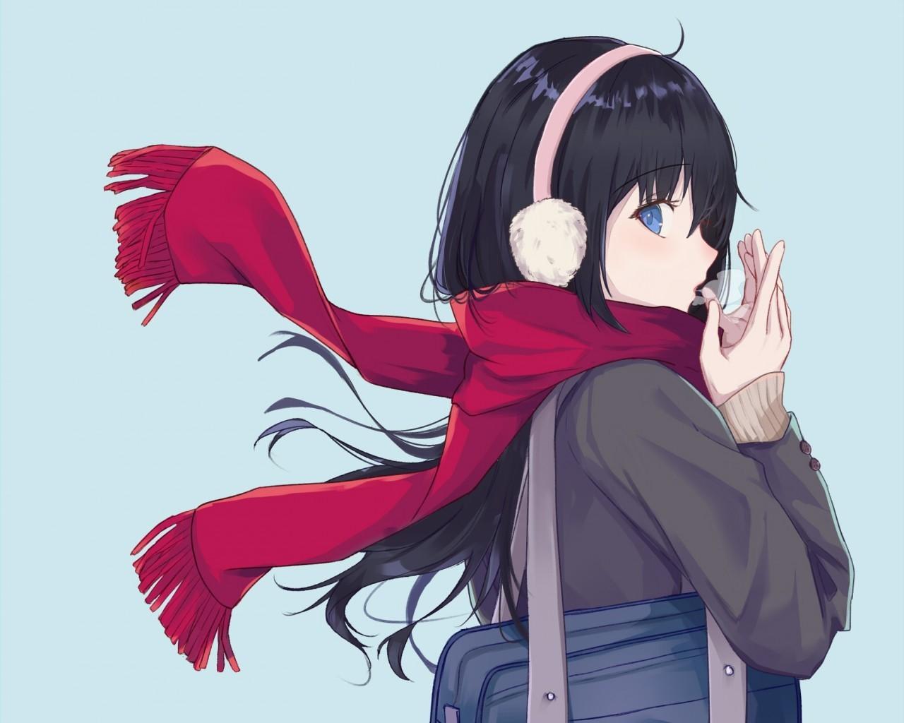 Download 1280x1024 Red Scarf, Black Hair, Anime Girl, Profile View