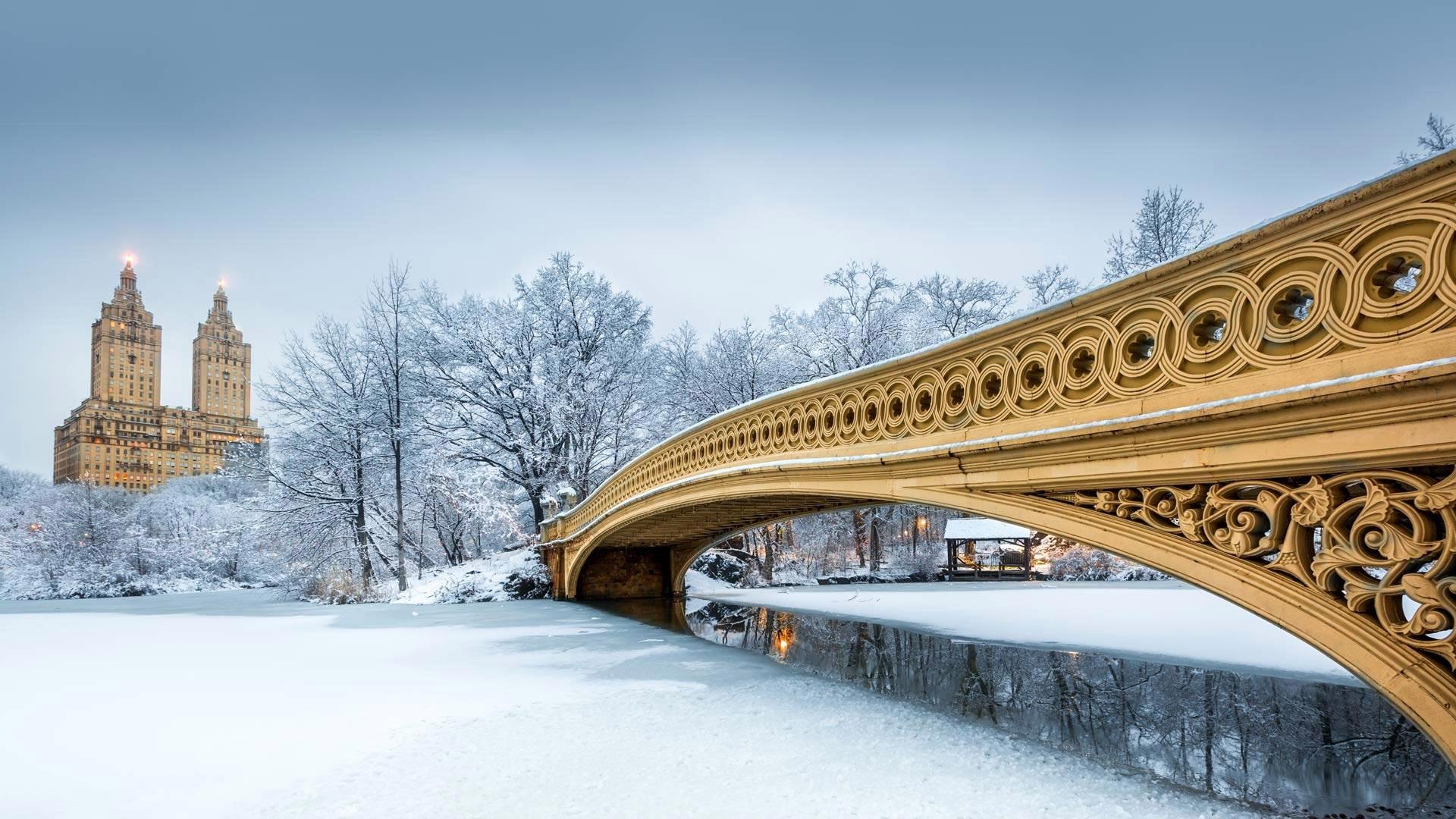 Wallpaper USA, New York, Central Park, winter, snow, bridge