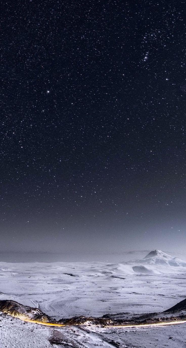 Download Night Stars Mountain Range Winter Landscape iPhone
