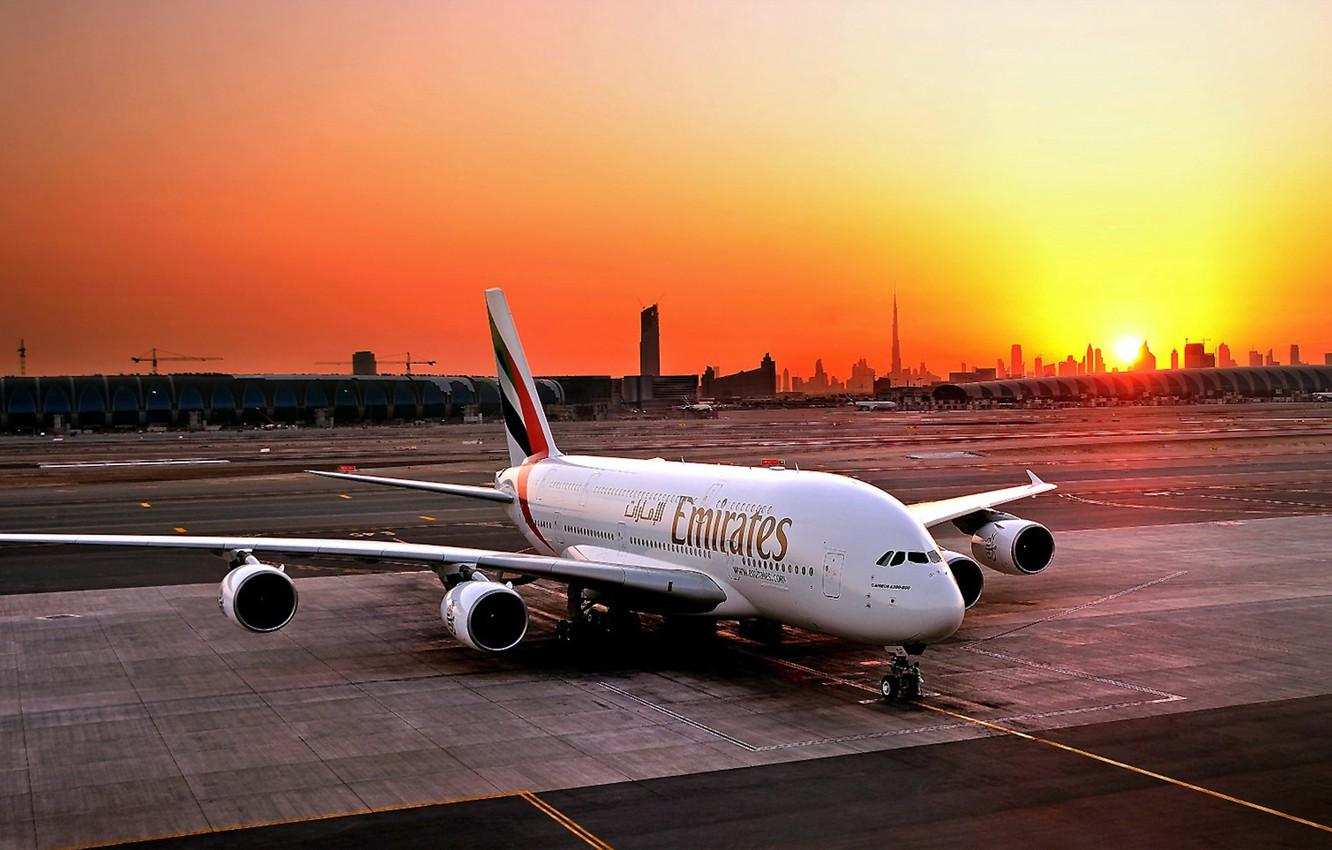 Wallpaper Sunset, The sun, The plane, Airport, Dubai, A380