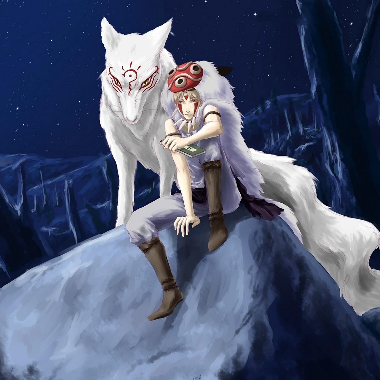 Download wallpaper 1280x1280 аnime, boy, wolf, night, book