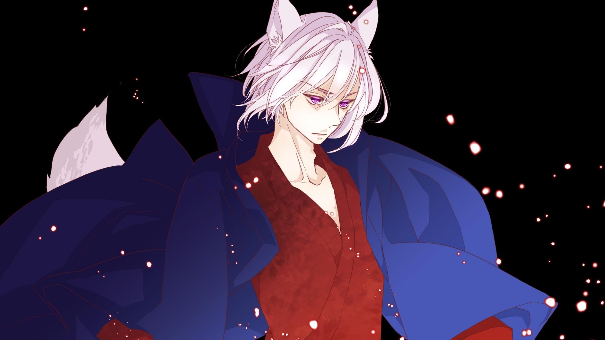 Download 2560x1440 Anime Wolf Boy, White Hair, Animal Ears