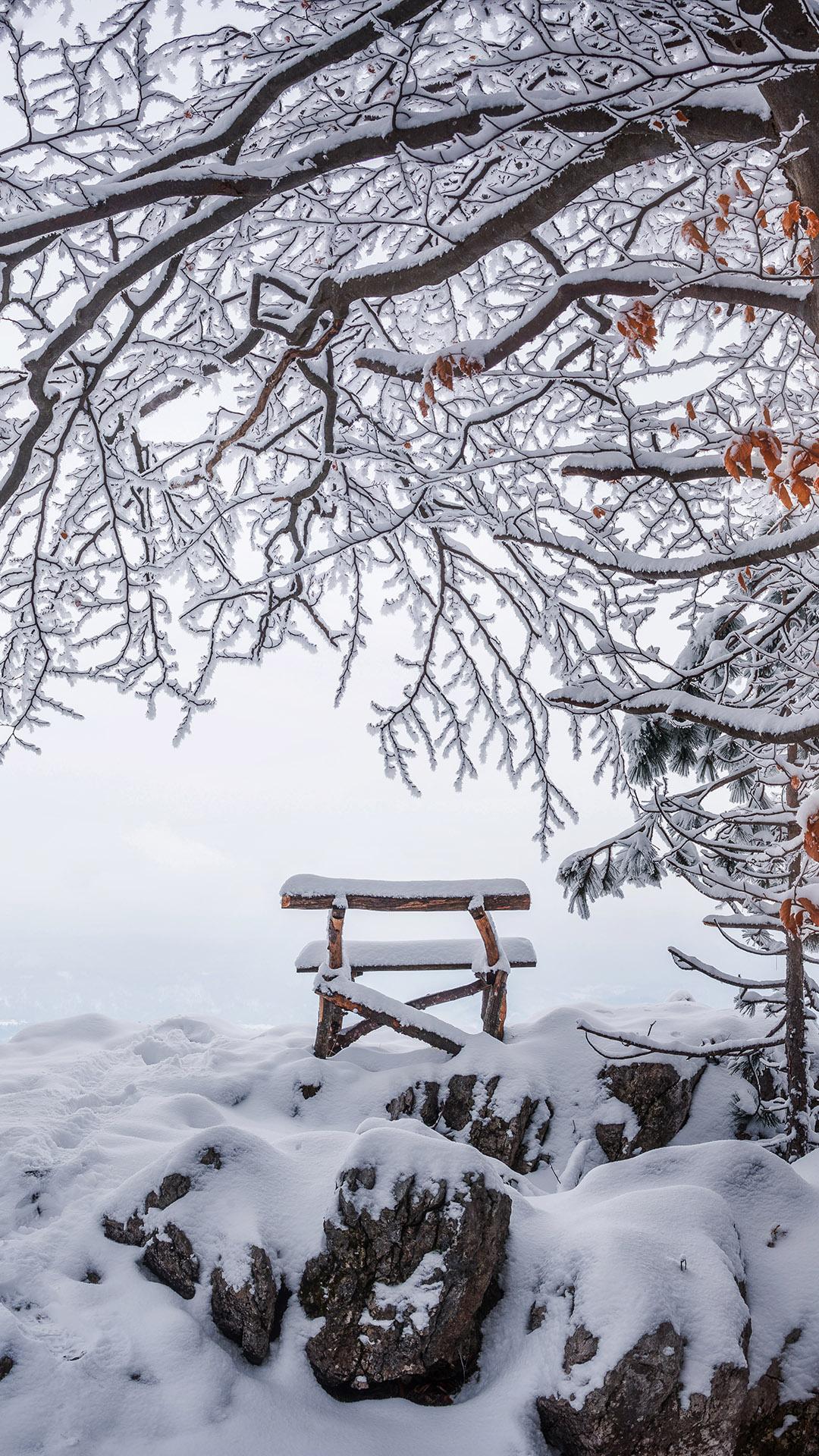 Dreamy Pixel. Free iPhone Wallpaper: A bench under snowy