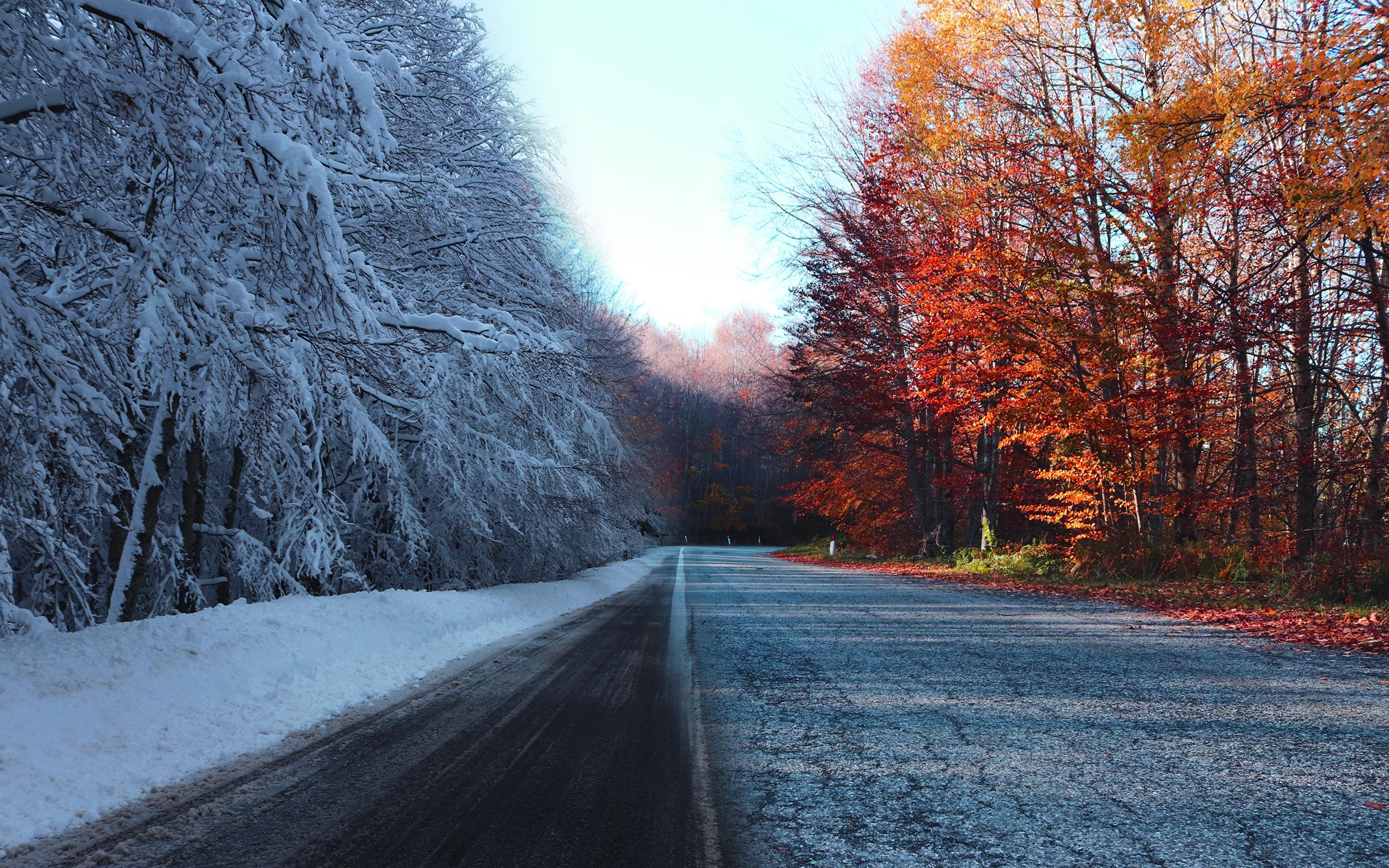 Desktop Wallpaper Nature Winter Autumn Snow Roads Trees 3840x2400
