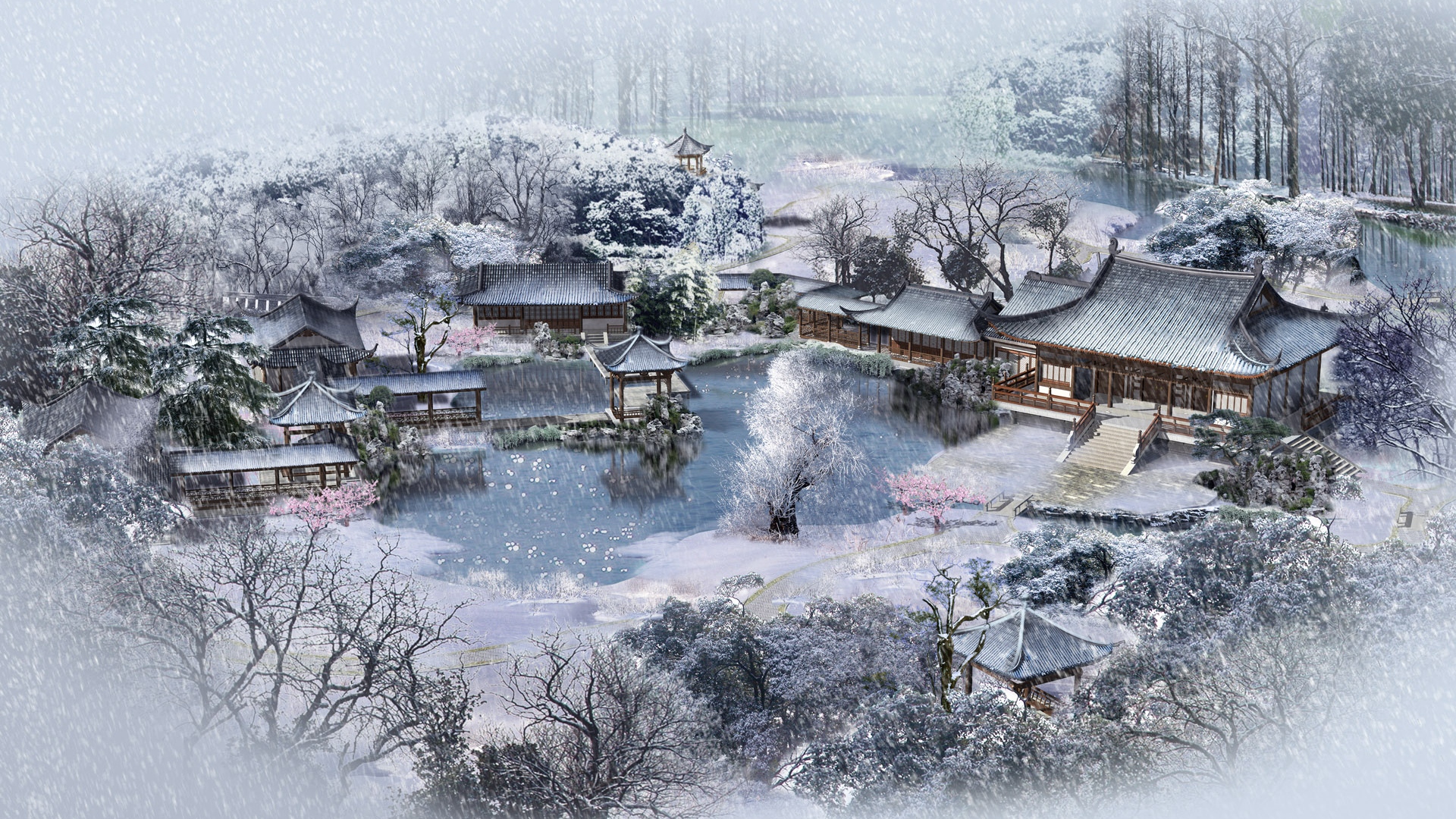 Download wallpaper 1920x1080 winter, lodges, china, snow