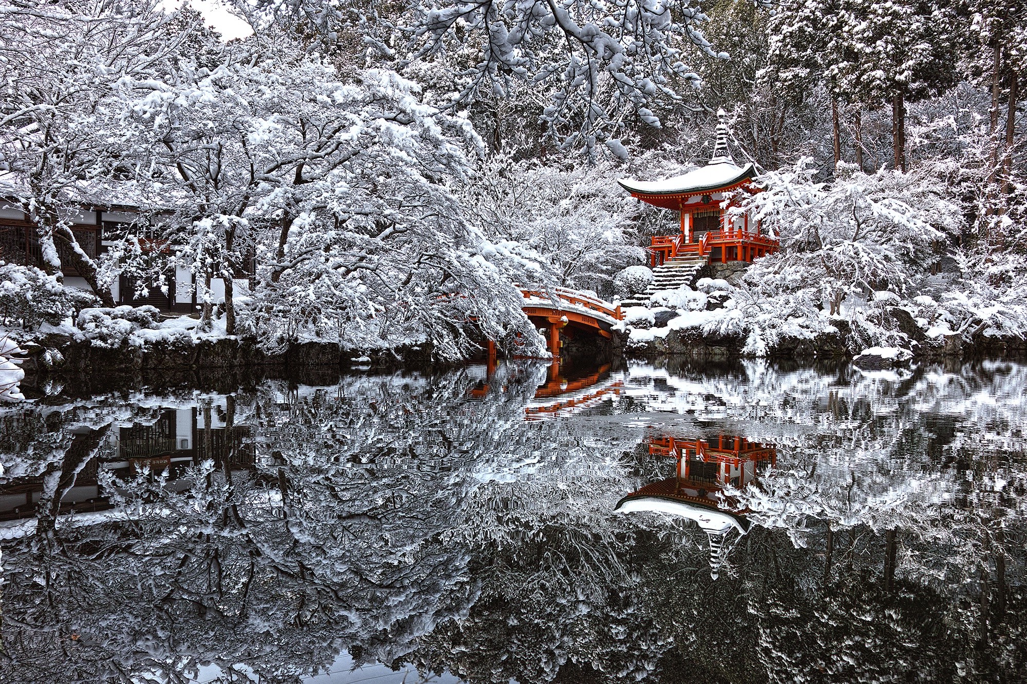 Japan, Winter, Pagoda, Snow, Water, Pond, Reflection, Trees