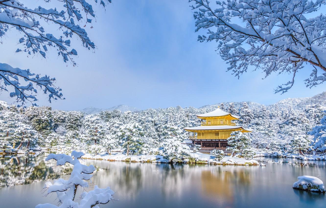 Wallpaper winter, snow, trees, pond, Park, Japan, temple