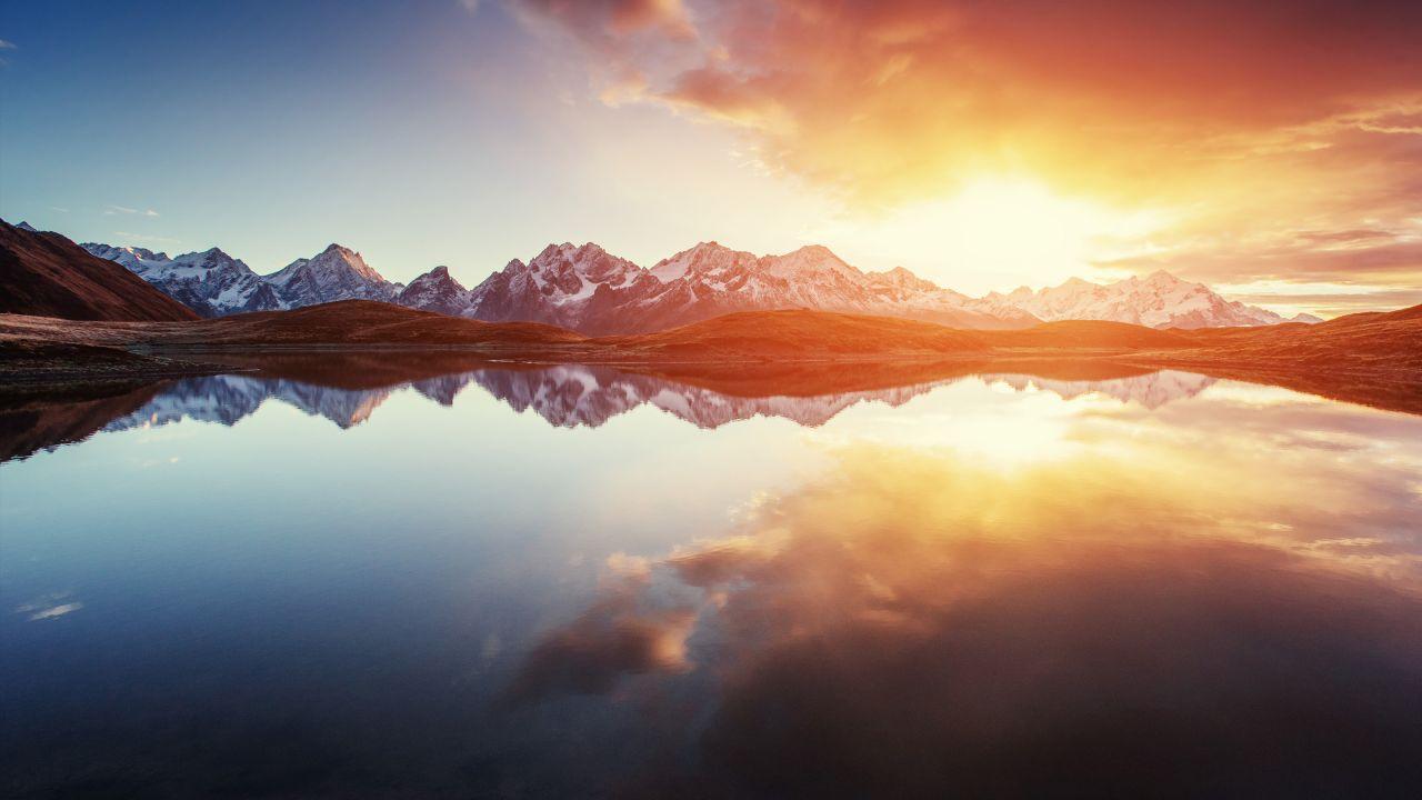Wallpaper Sunrise, Mountains, Morning, Reflections, Lake