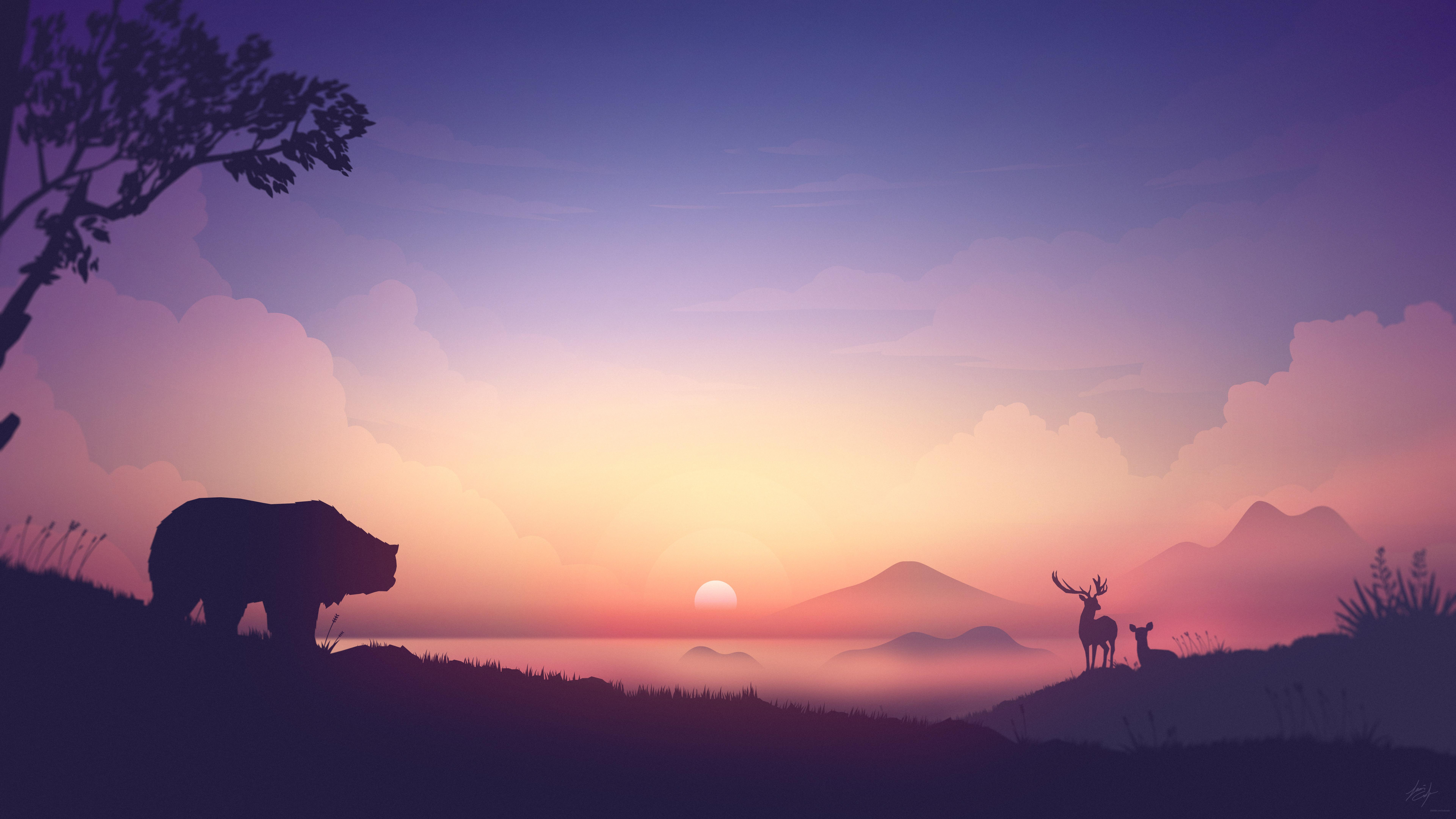 Bear Deer Mountains Sunrise Minimalism Artwork 8k, HD Artist