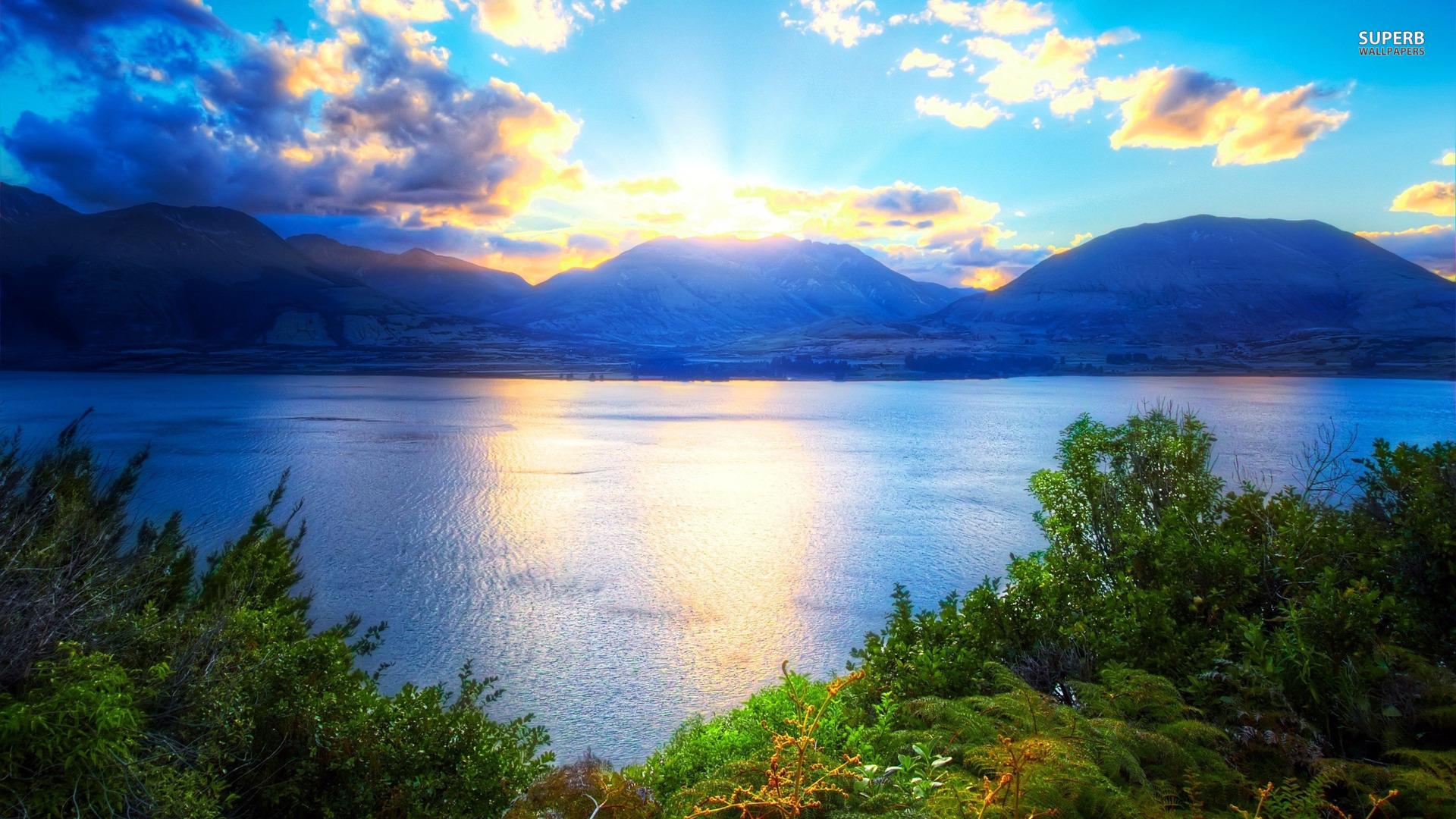 Mountain Sunrise and Blue Lake Wallpaper