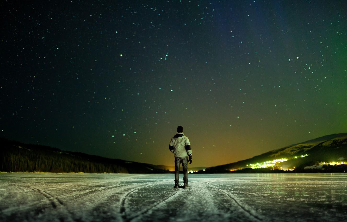 Wallpaper ice, winter, the sky, stars, night, lights, river