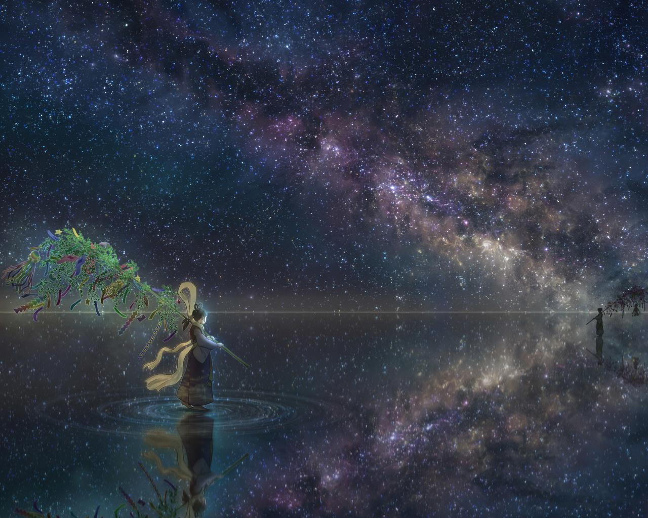 Anime Girl Horizon Night Reflection Stars