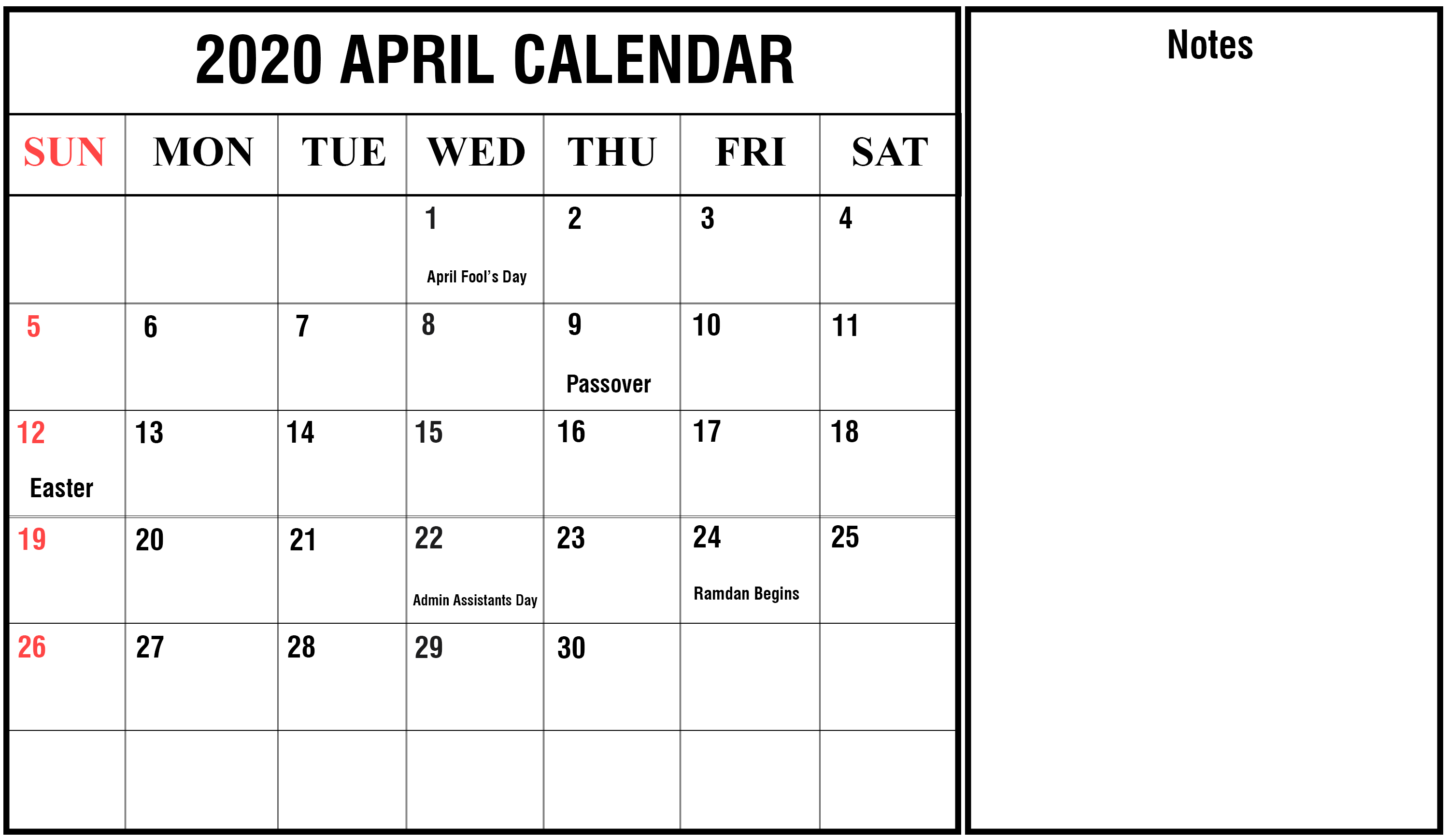 April 2020 Calendar With Holidays. April Calendars