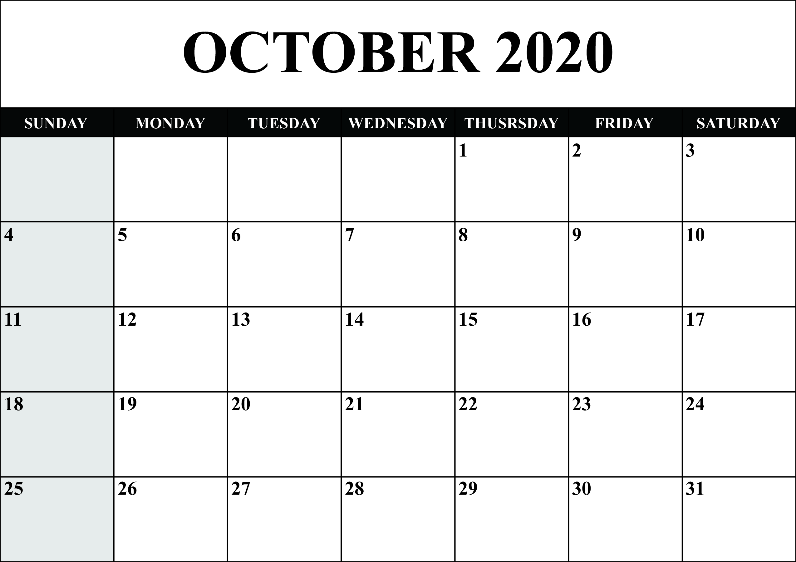 Calendar for October 2020. Monthly Calendars. Monthly