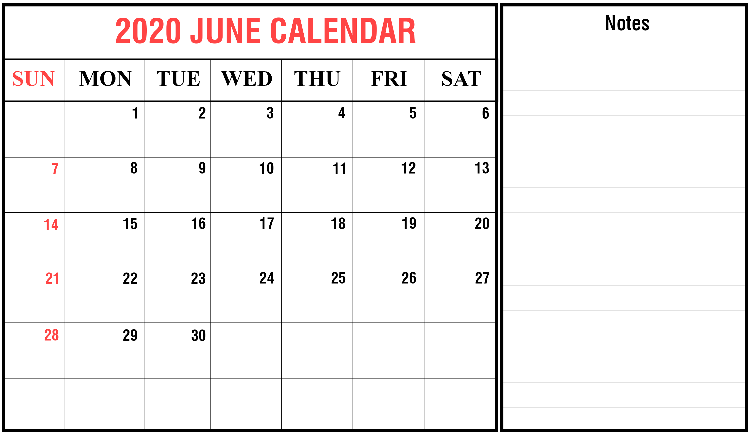 June 2020 Calendar PDF, Word, Excel Printable