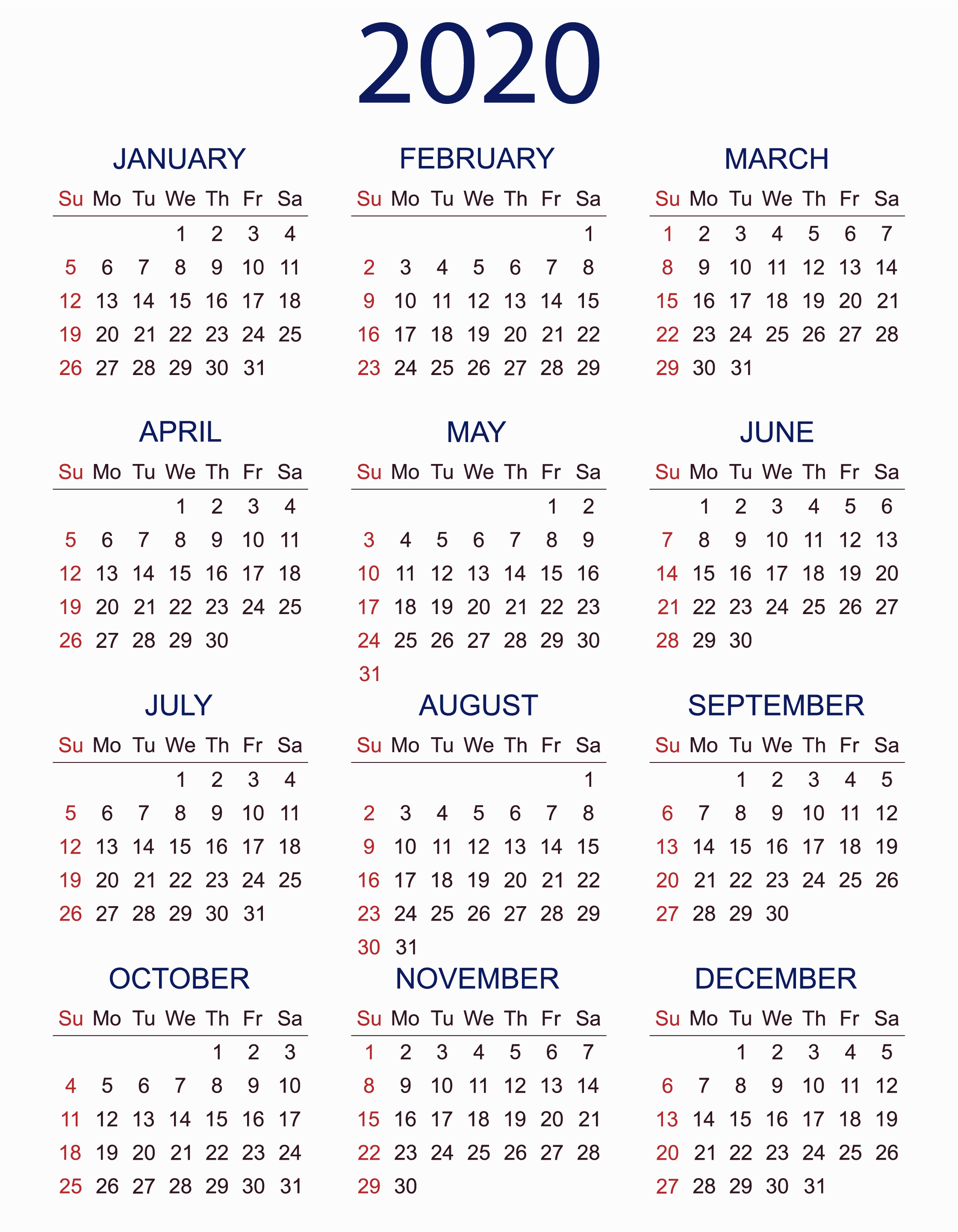 Calendar 2020 Printable With Holidays
