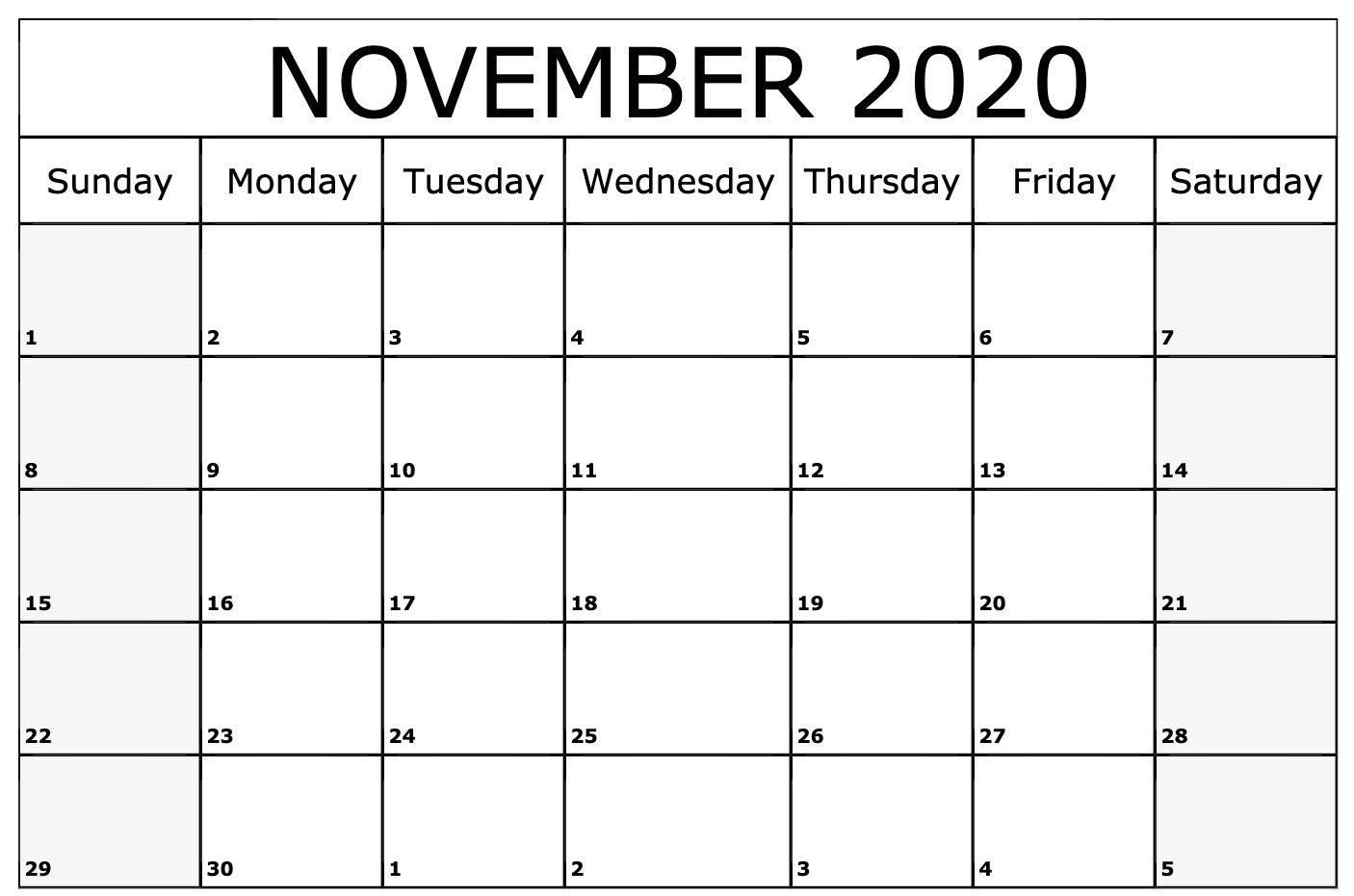 November 2020 Calendar Printable. Monthly