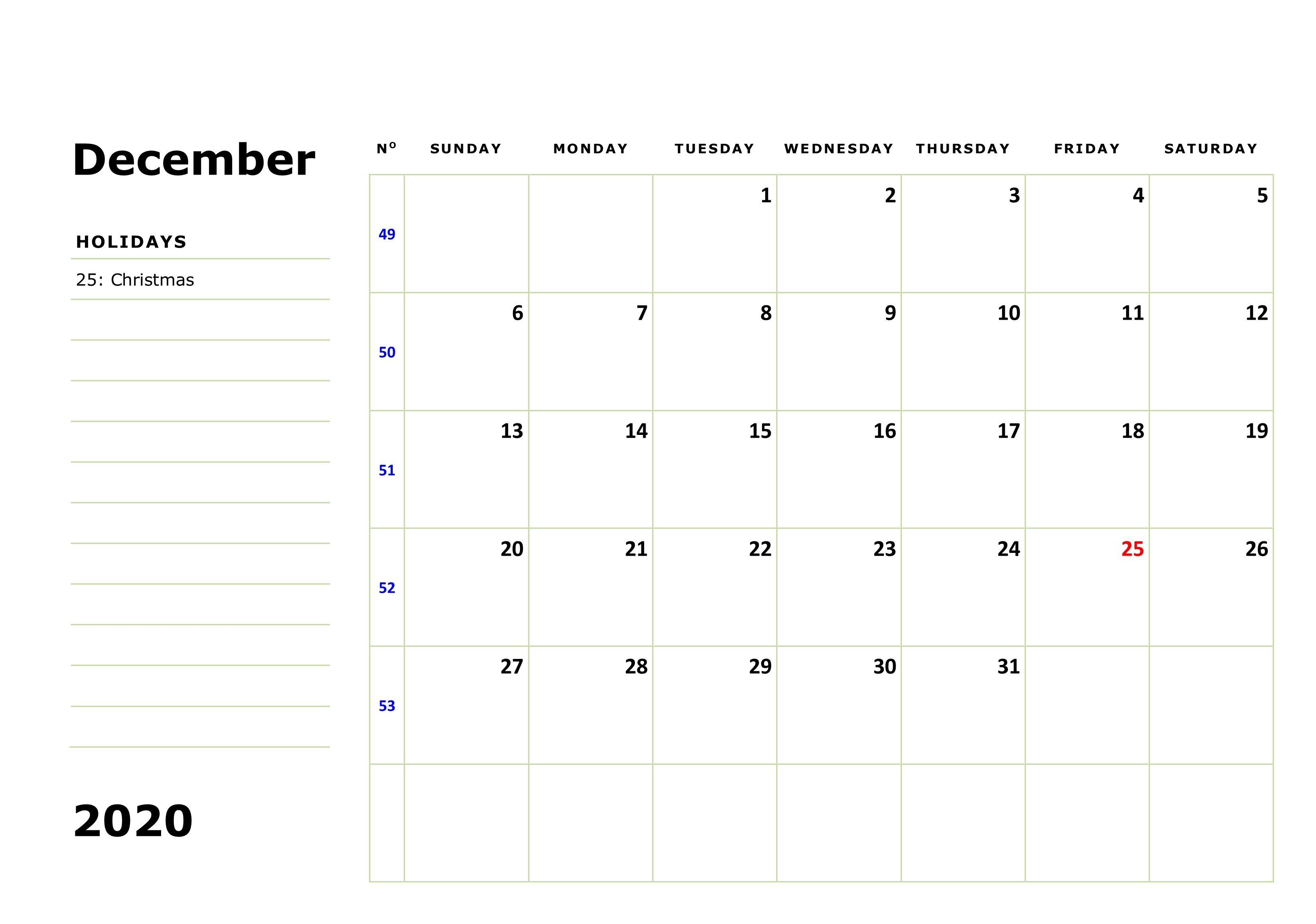 December 2020 Calendar With Holidays. Monthly Calendars