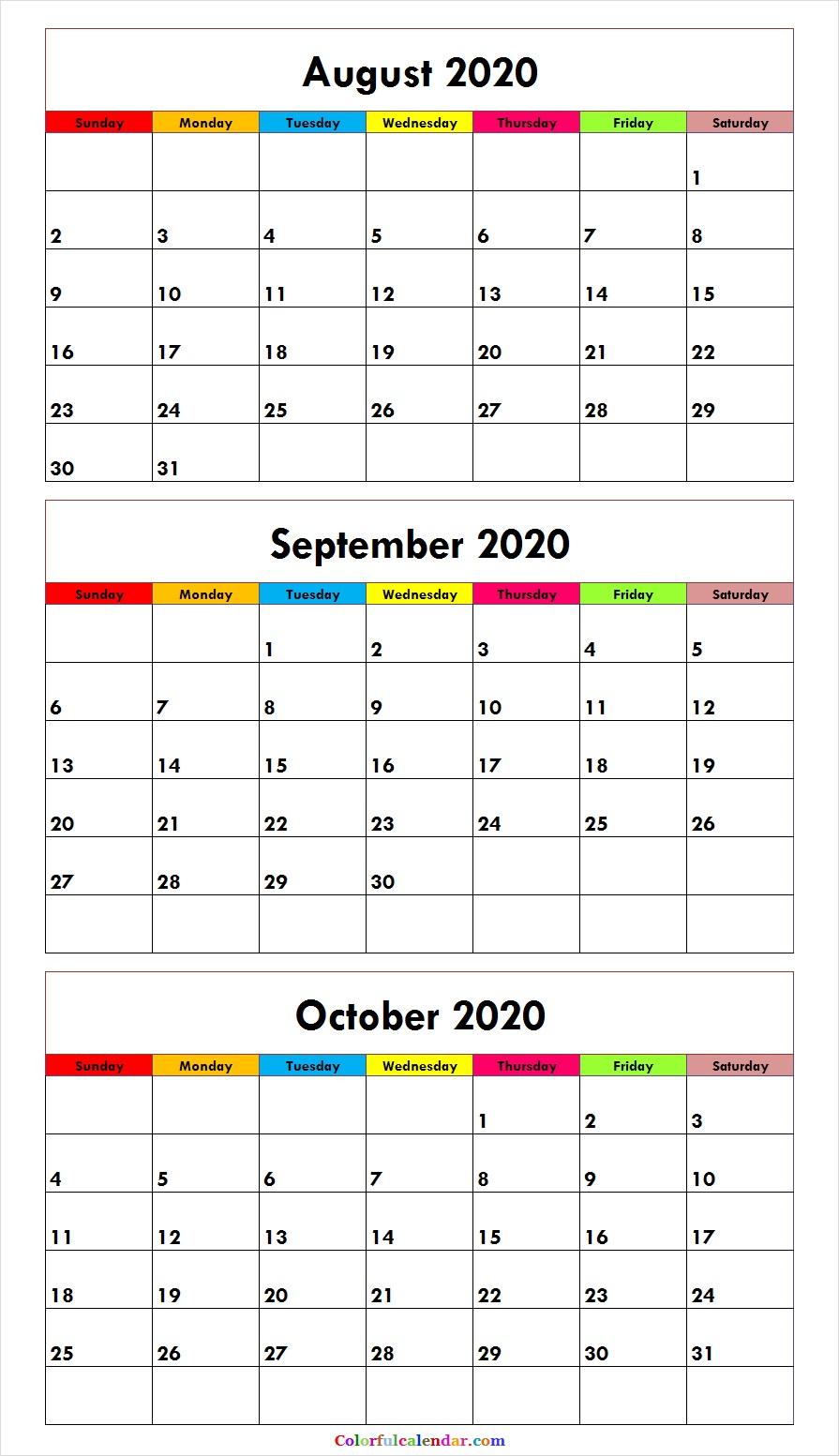 August September October 2020 Calendar Colorful Background