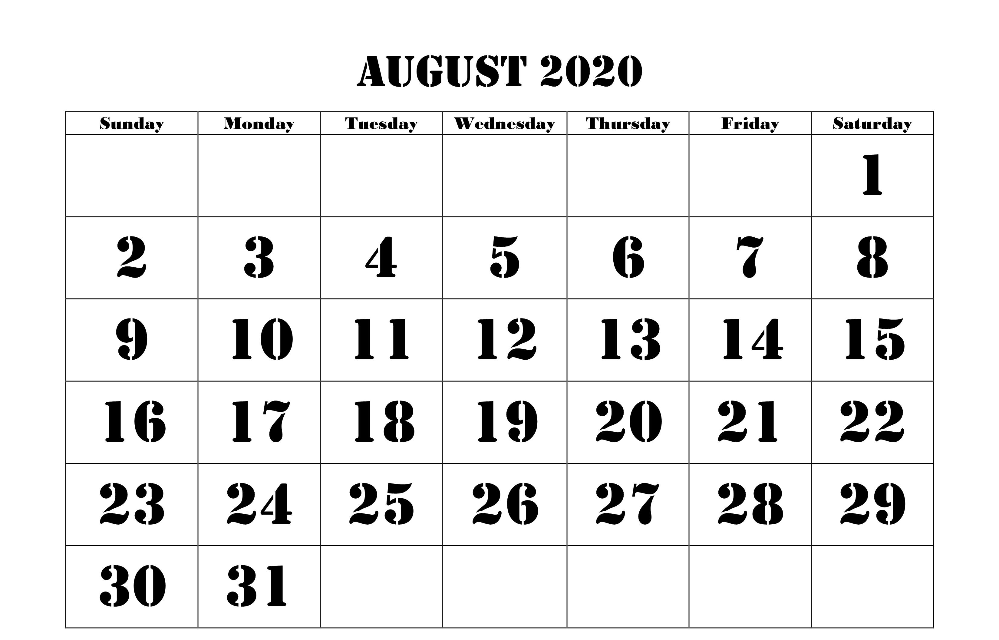 August 2020 Calendar PDF, Word, Excel