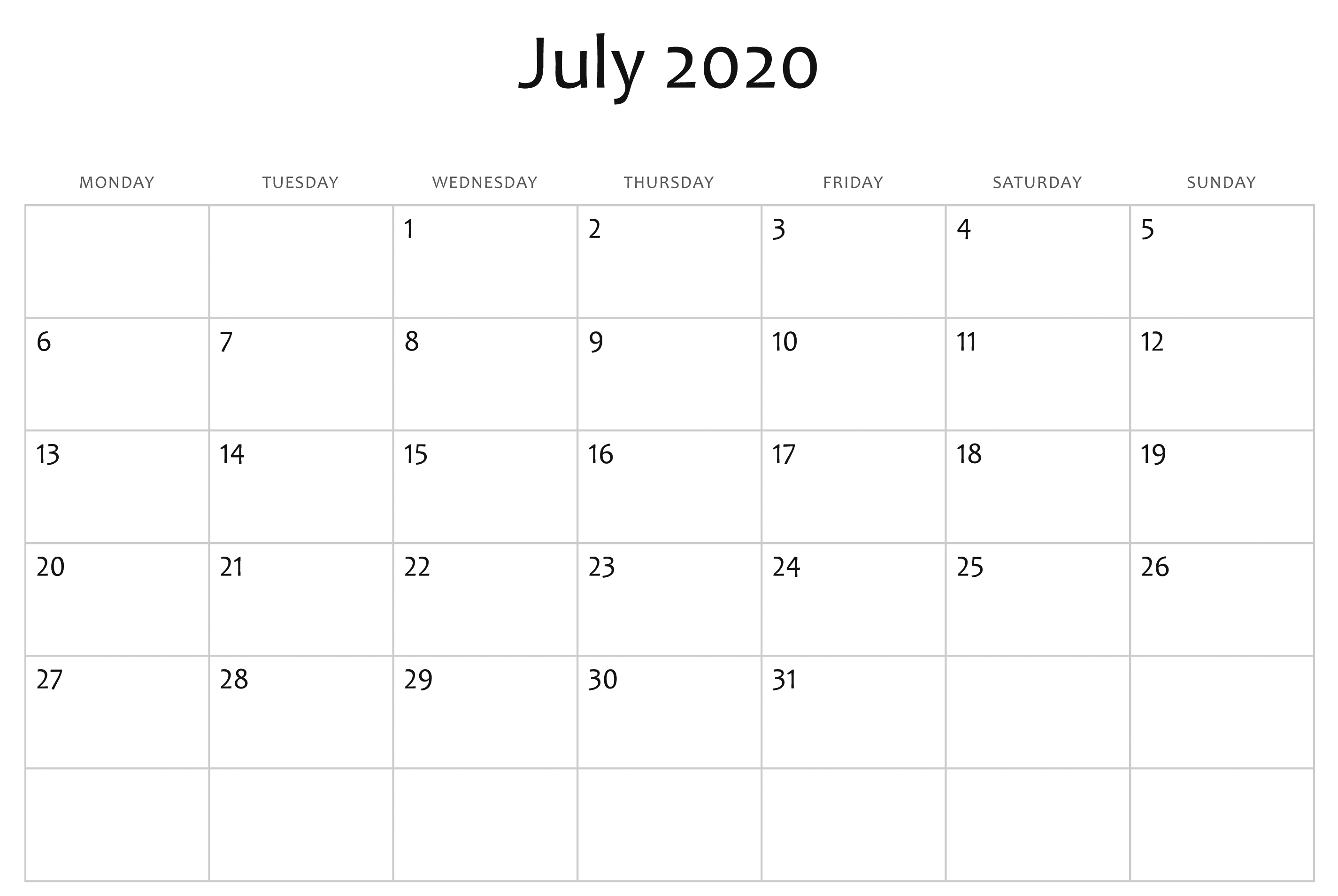 Awesome July 2020 Calendar PDF, Word, Excel