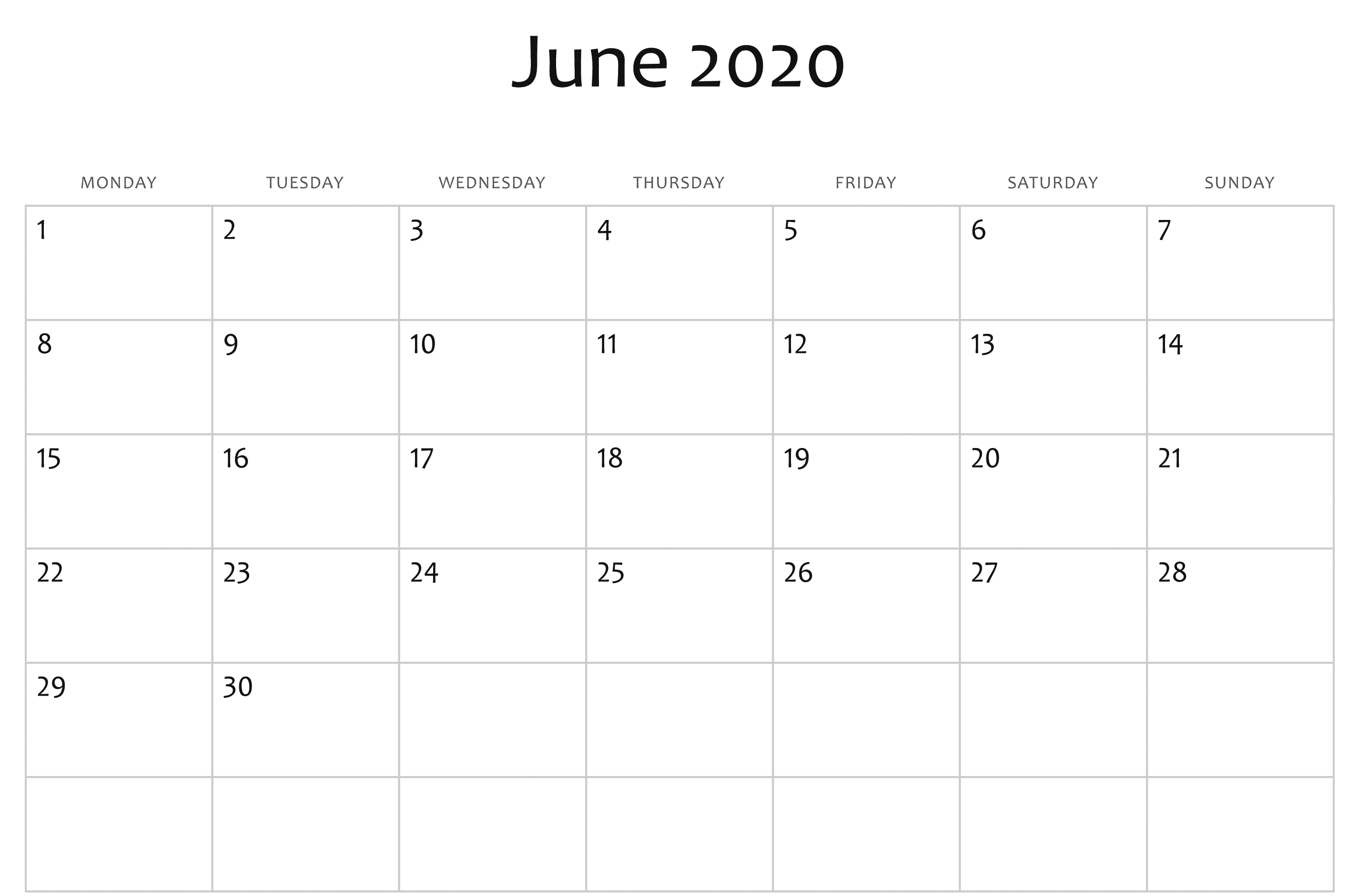 June 2020 Calendar Printable Blank PDF Word Excel