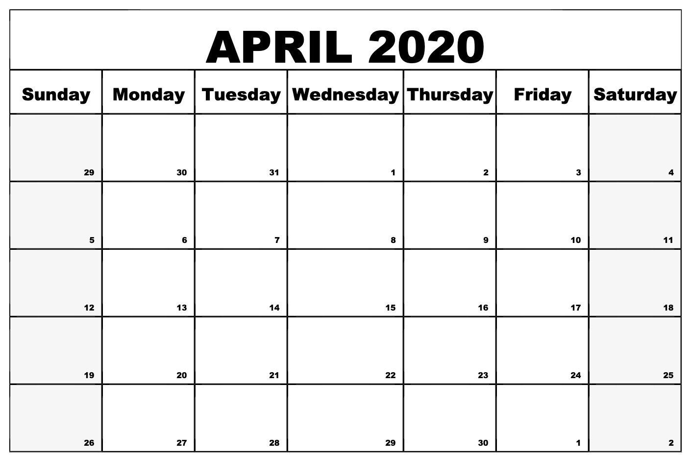 Blank April 2020 Calendar. Monthly calendar , Blank