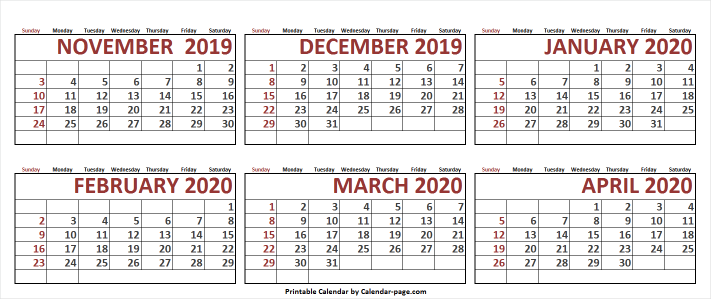 Month November 2019 To April 2020 Calendar