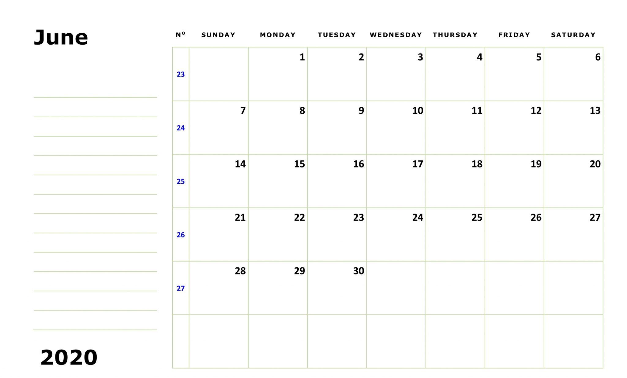 June 2020 Calendar Printable Blank PDF Word Excel