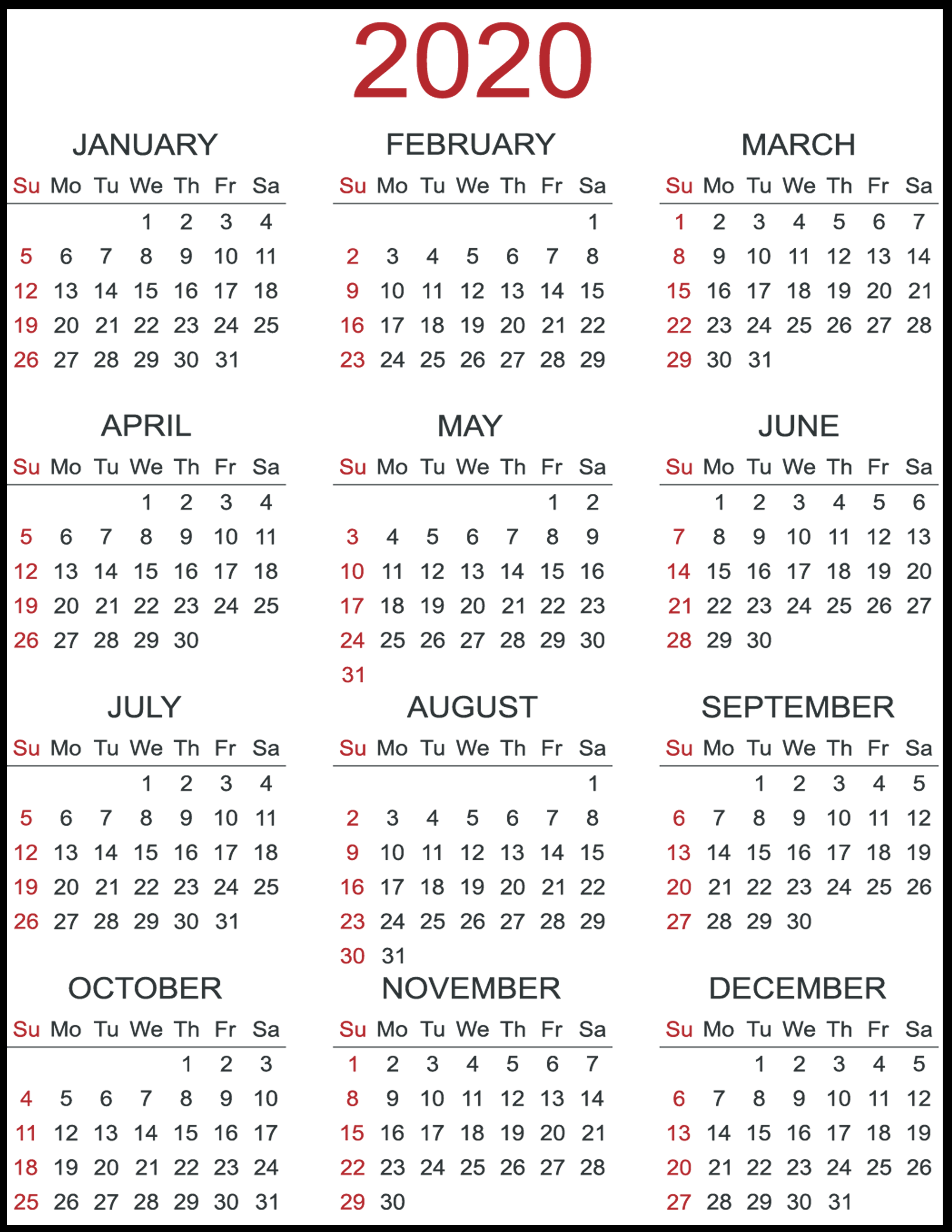 Free Printable Calendar 2020 With Holidays Month