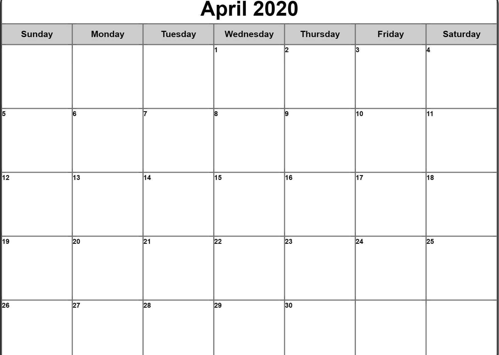 April 2020 Calendar Printable Blank PDF Word Excel