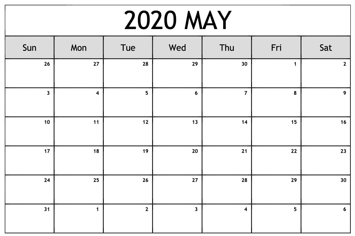 May 2020 Calendar Printable Blank Template PDF Word Excel