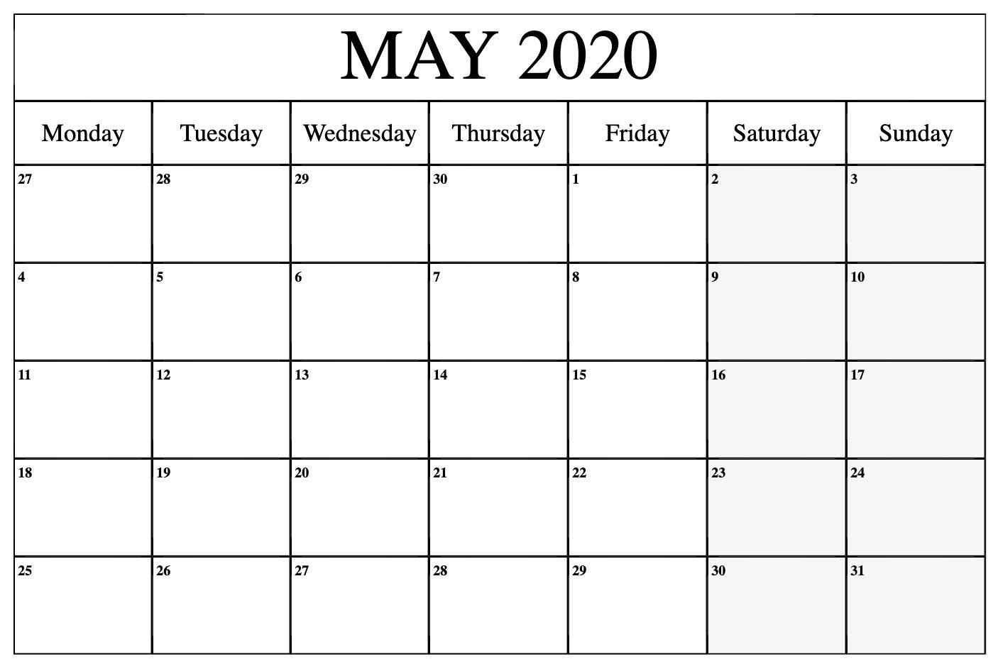 May 2020 Calendar PDF, Word, Excel Printable Template